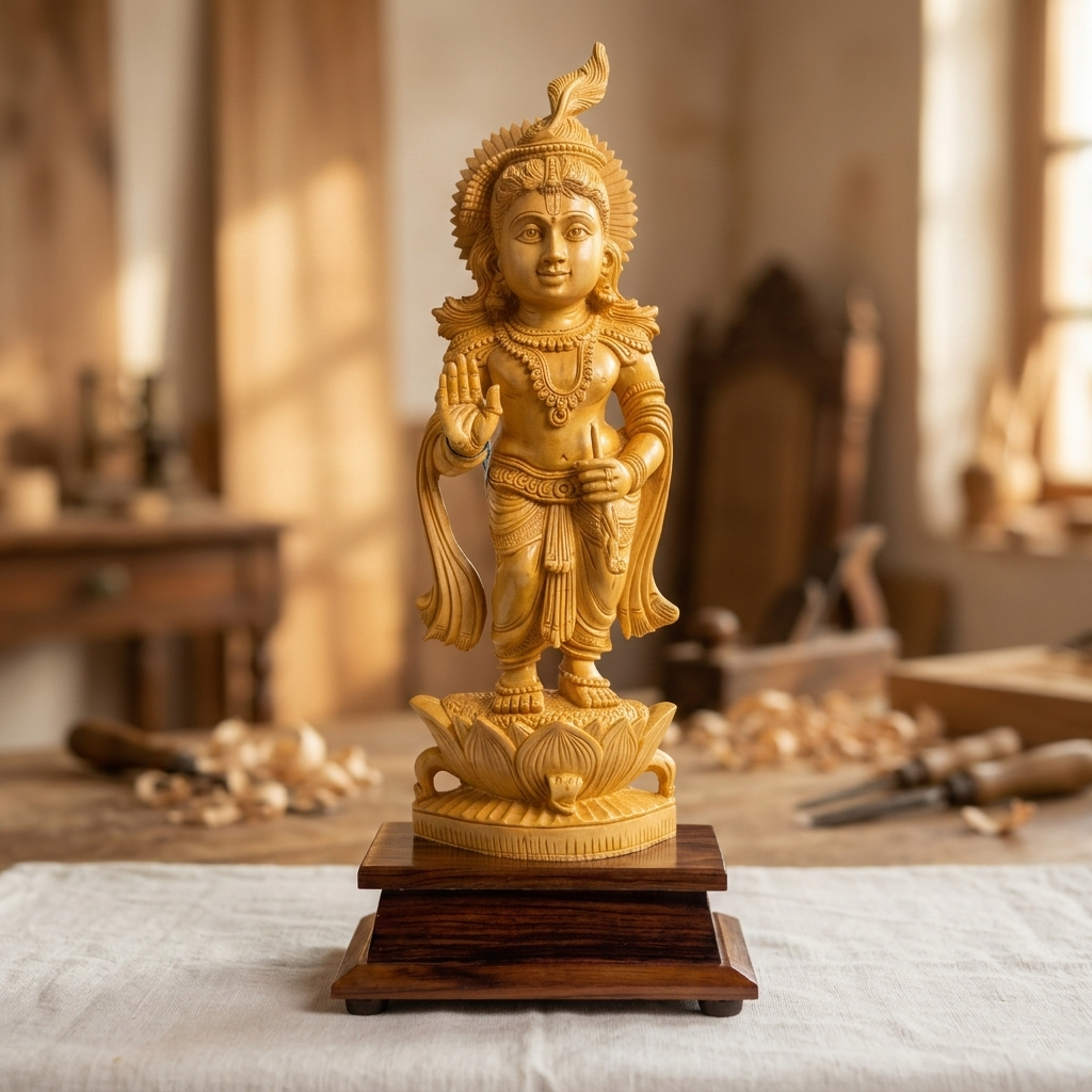 Handmade Standing Muralidhar Krishna Wooden Sculpture | Gallory Hive