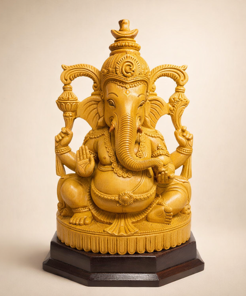 Handmade Sitting Lord Ganesha Wooden Sculpture | Gallory Hive