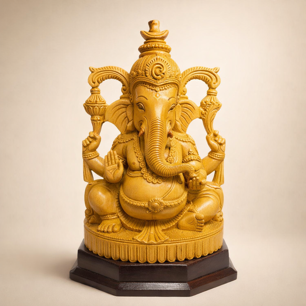 Handmade Sitting Lord Ganesha Wooden Sculpture | Gallory Hive