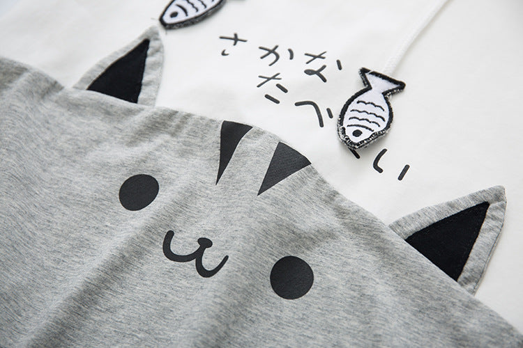 Small fresh everything Japanese little women's cute soft sister hoodie summer clothes new cat hooded short sleeve T-shirt 62