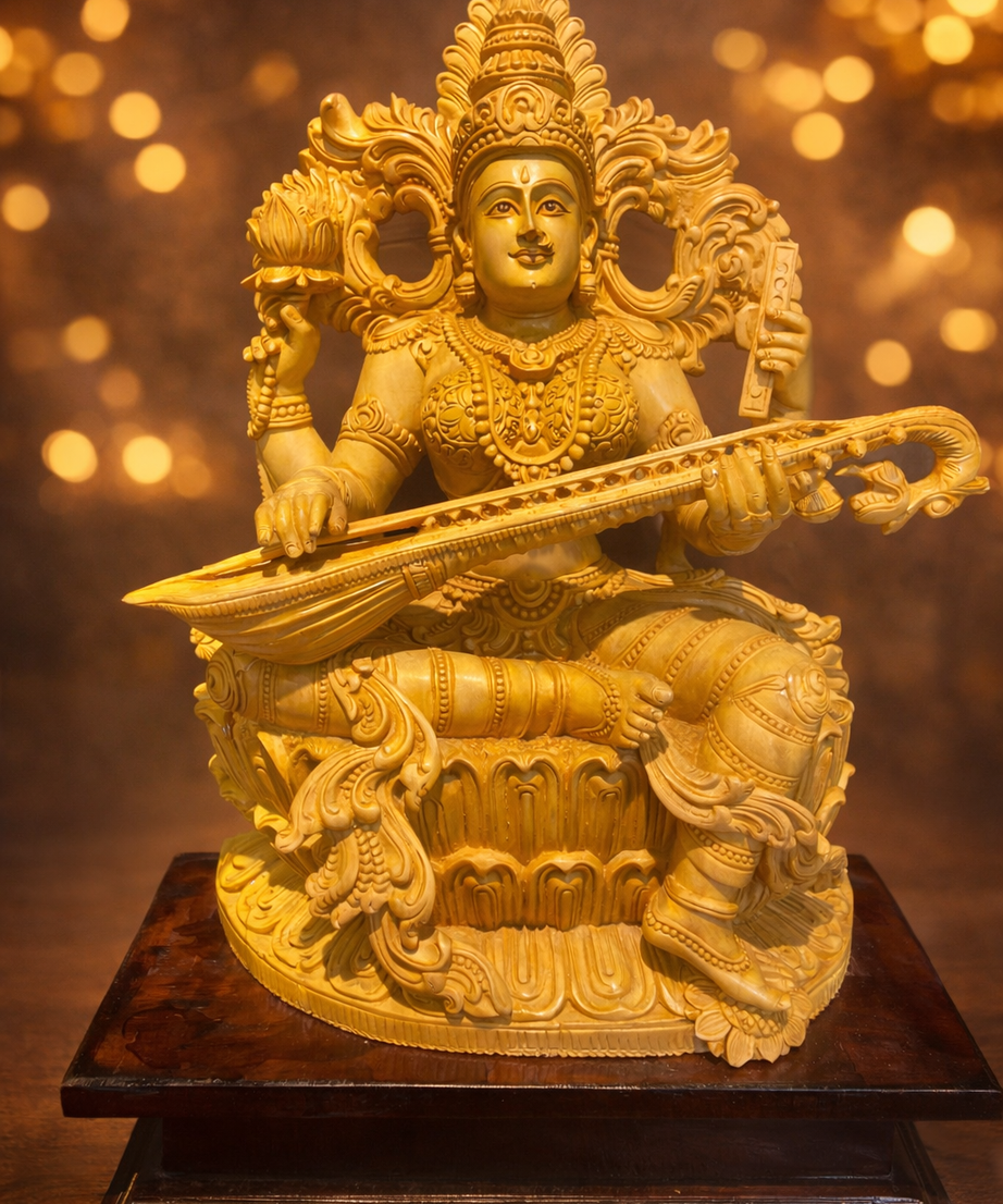 Handmade Sitting Saraswati Wooden Sculpture | Gallory Hive