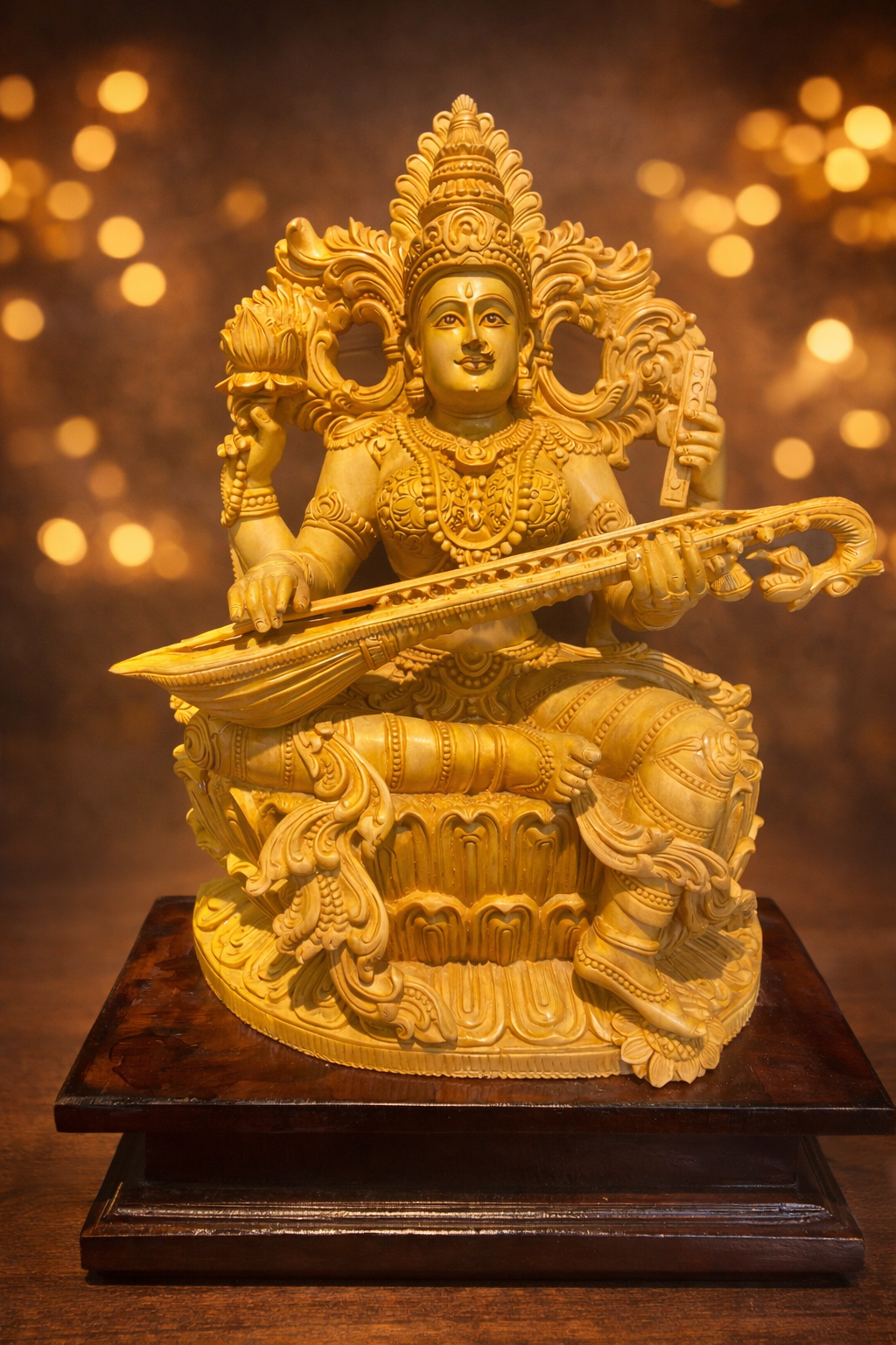 Handmade Sitting Saraswati Wooden Sculpture | Gallory Hive