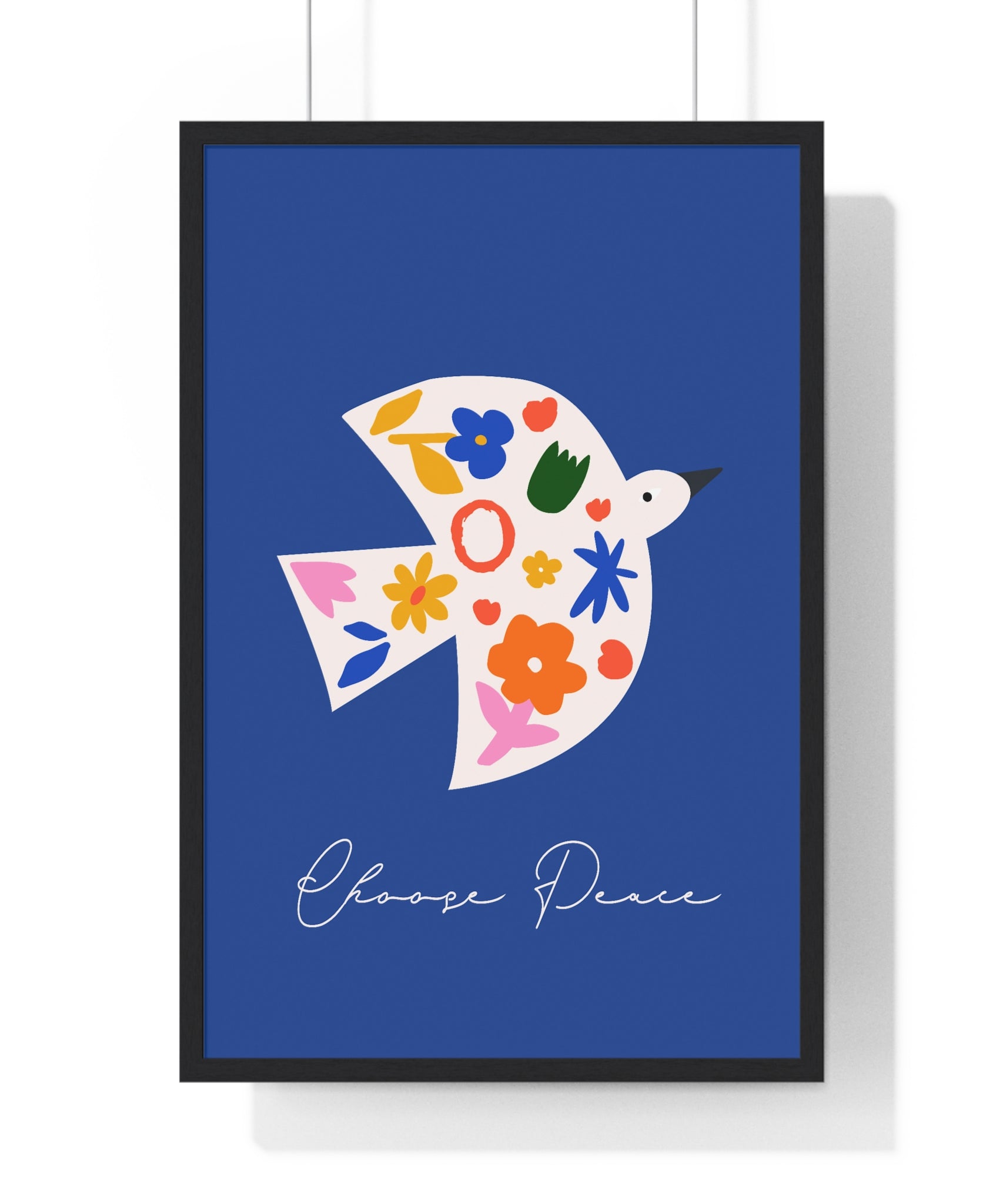 Colorful Peace Bird with Flowers Art in Premium Wood Frame