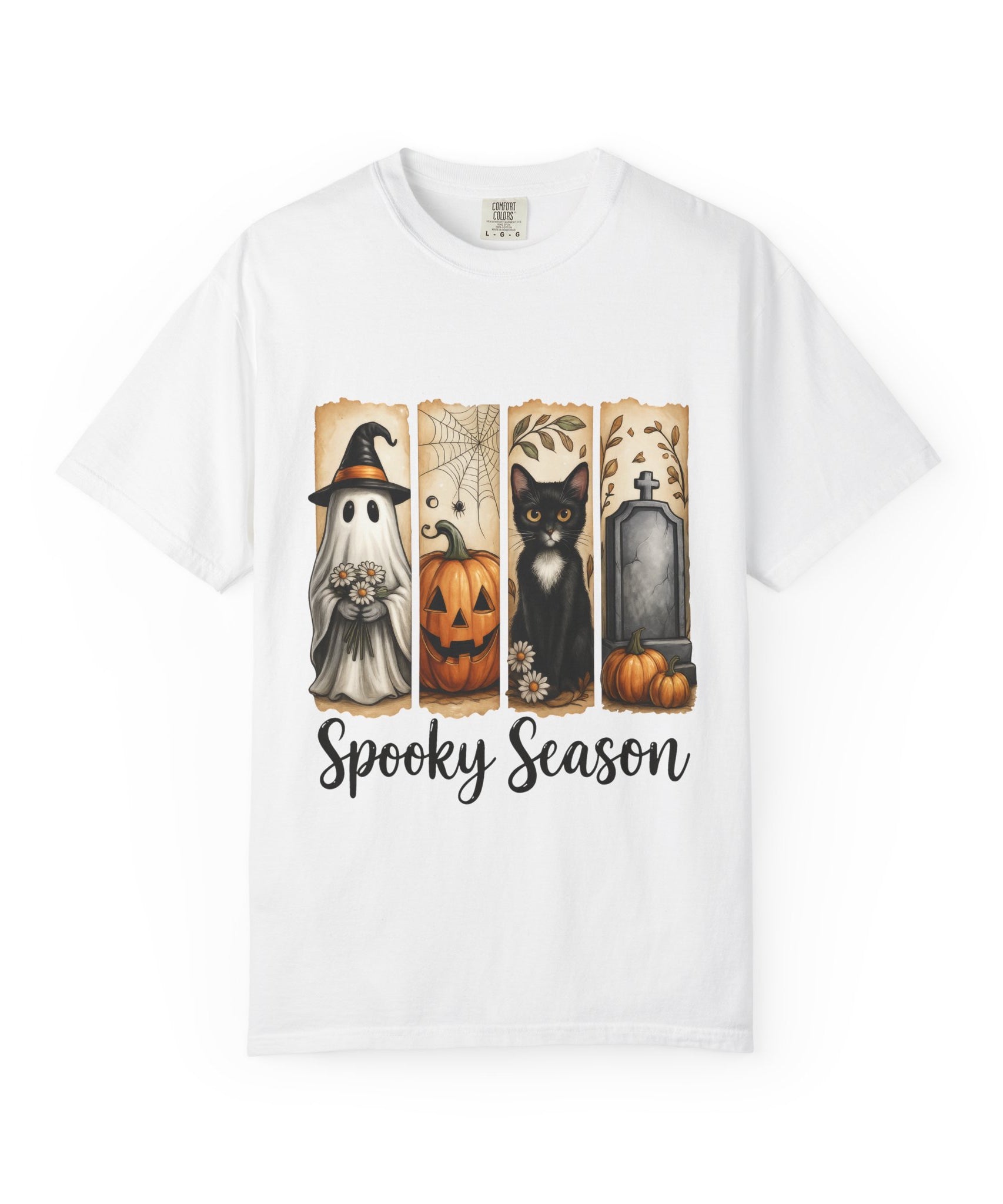 Spooky Season Halloween Unisex T-Shirt – Ghost, Cat & Pumpkin Design - Gallory Hive