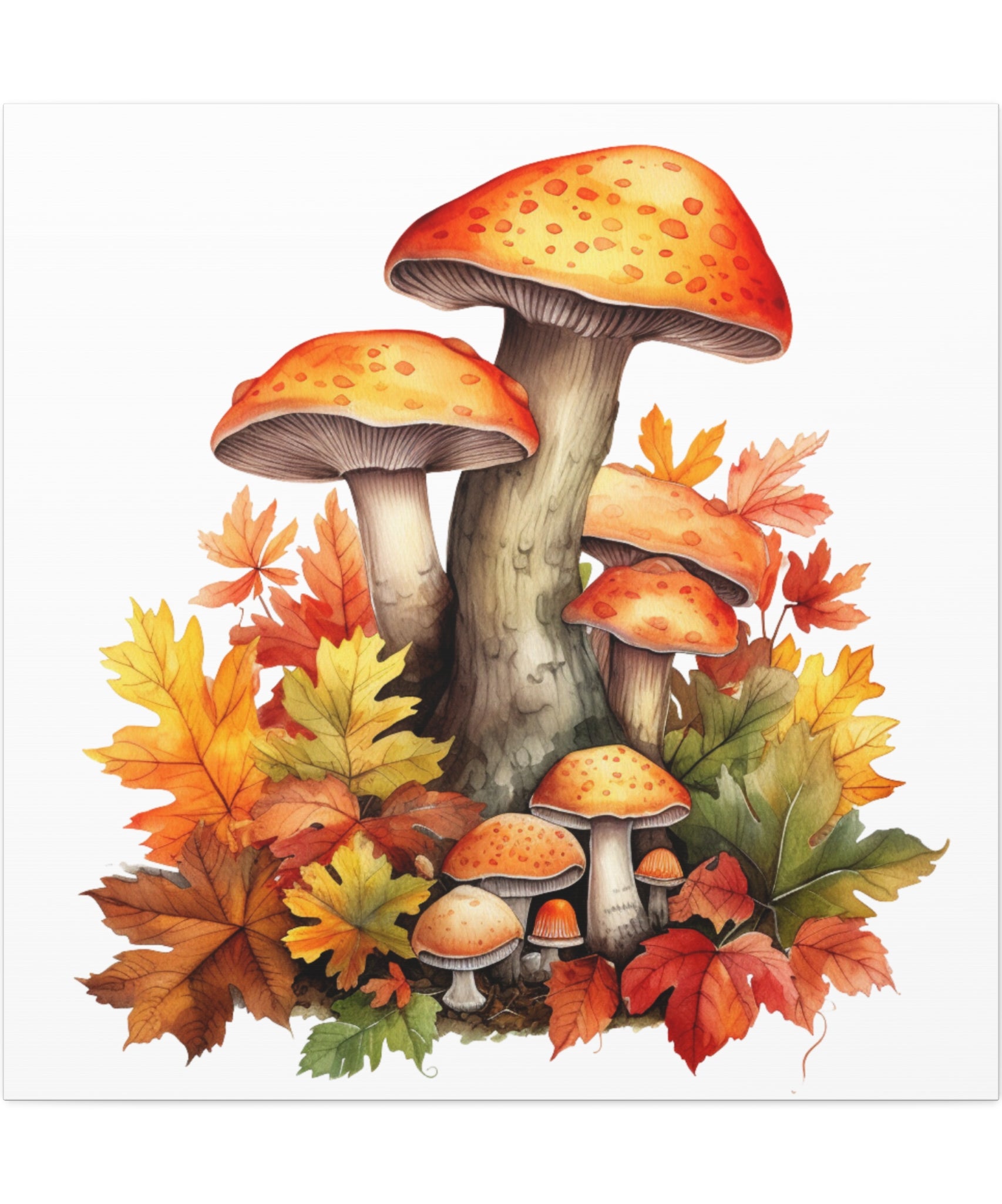 Golden Grove – Autumn Mushrooms & Leaves Illustration on Floral Canvas Wall Art