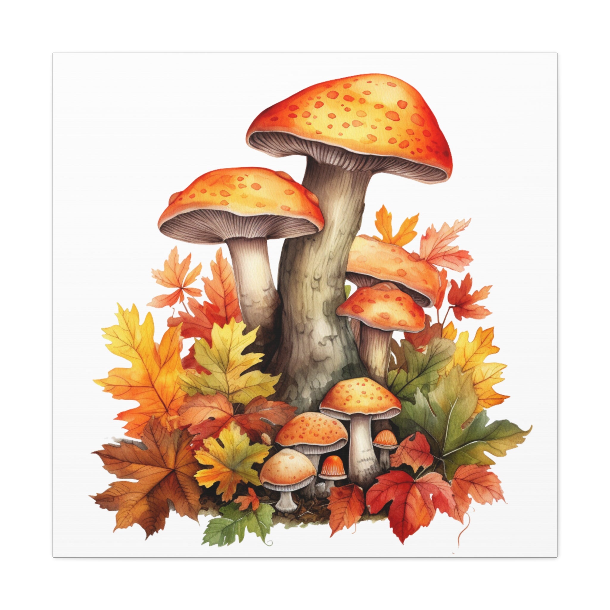 Golden Grove – Autumn Mushrooms & Leaves Illustration on Floral Canvas Wall Art