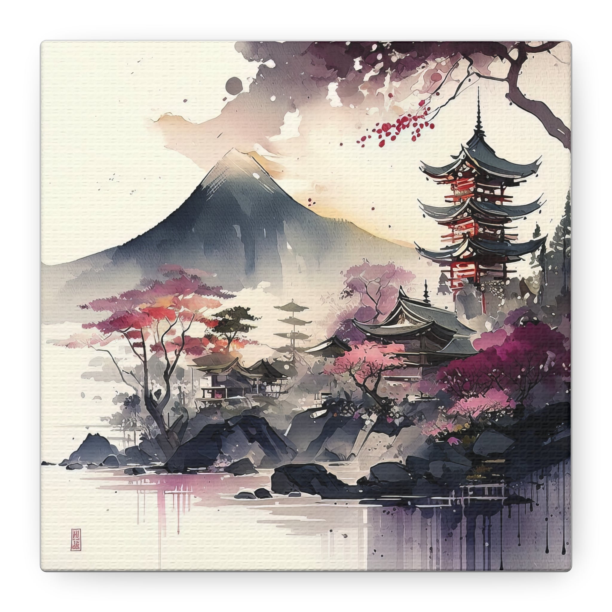 Japanese Watercolor Landscape Wall Art – Mount Fuji & Pagodas with Cherry Blossoms, Floral Canvas Print, Asian-Inspired Home Decor