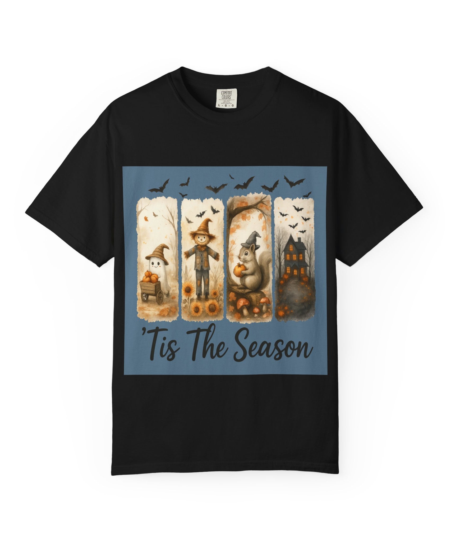 Tis The Season Fall Halloween T-Shirt – Cute Ghost, Scarecrow, Squirrel & Haunted House Design - Gallory Hive