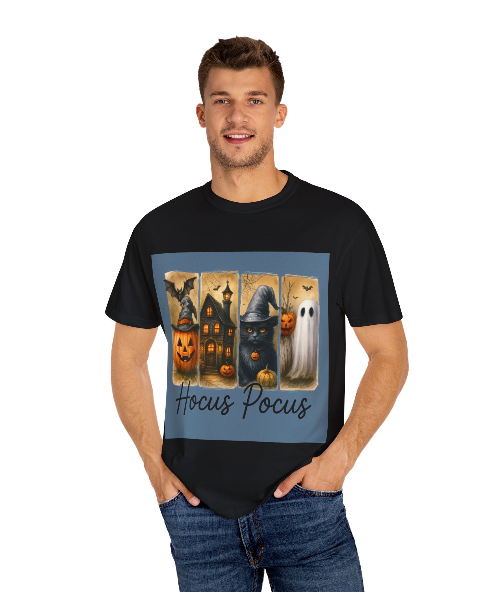 Hocus Pocus Halloween Unisex T-Shirt – Witchy Cat, Haunted House, Pumpkin & Ghost Art - Gallory Hive