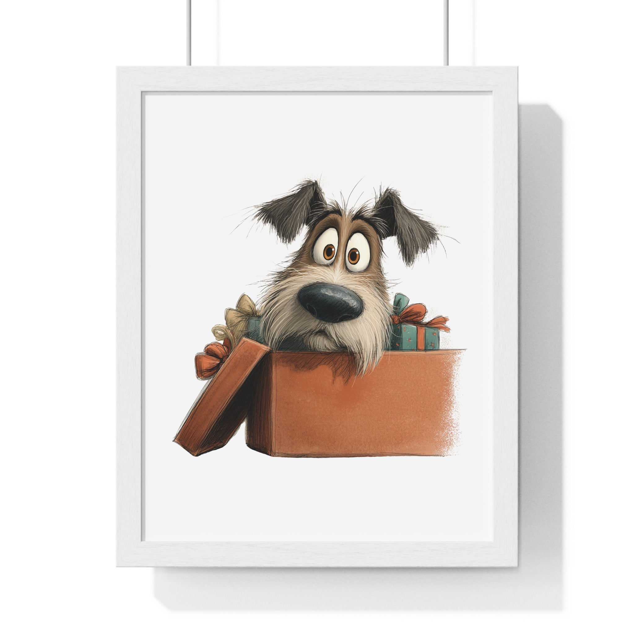 Surprised Dog in Gift Box – Wooden Framed Wall Décor - Gallory Hive