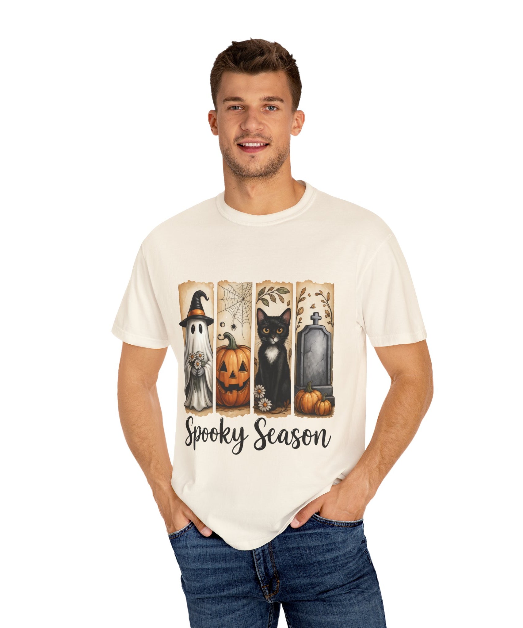 Spooky Season Halloween Unisex T-Shirt – Ghost, Cat & Pumpkin Design - Gallory Hive
