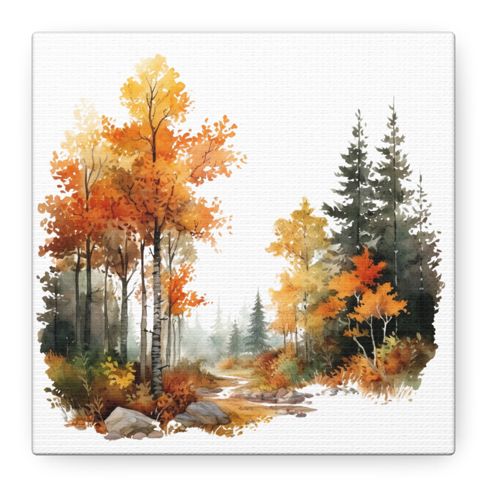 Tranquil Passage – Autumn Forest Watercolor on Floral Canvas Wall Art