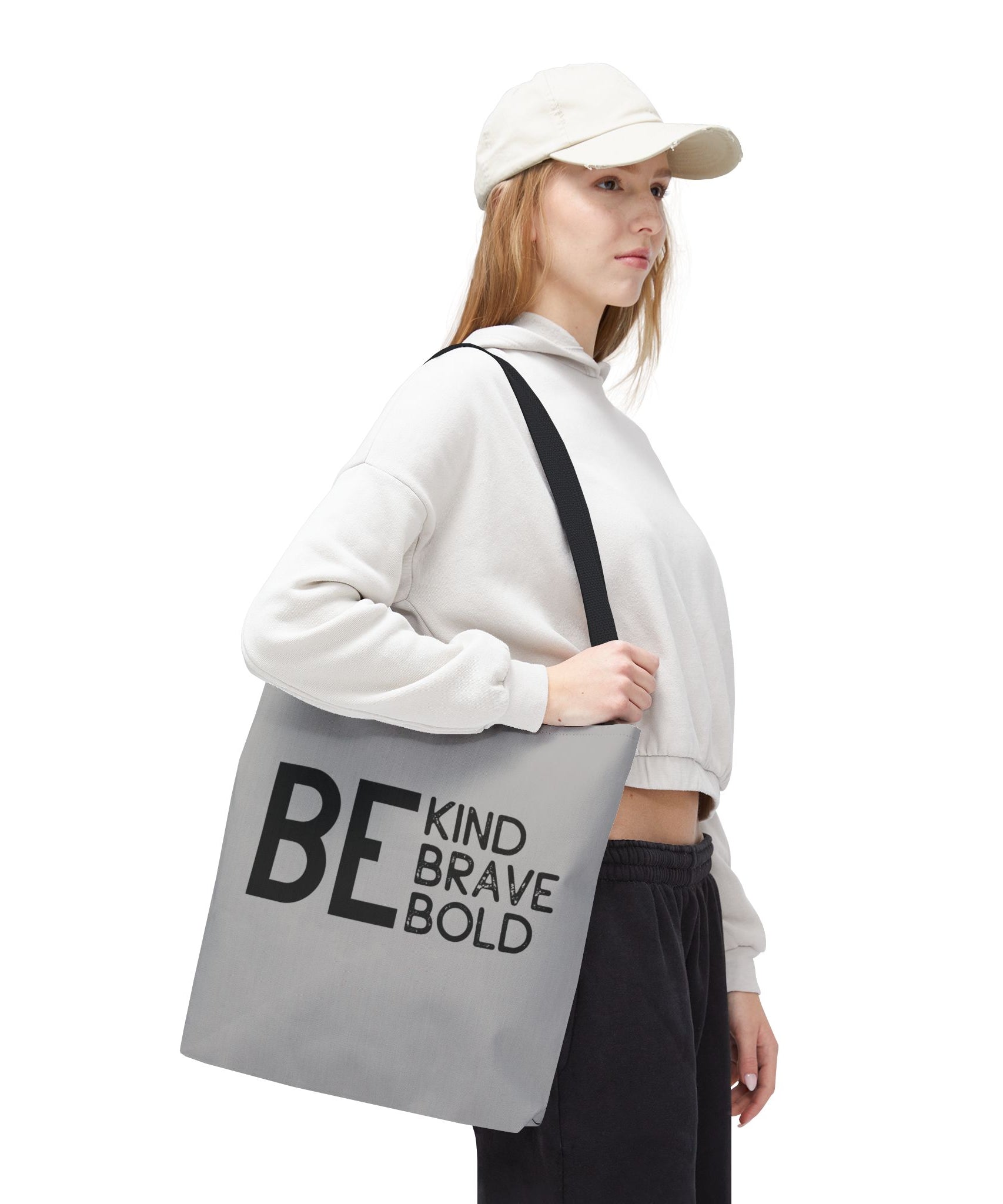 Inspirational Tote Bag - Be Kind Brave Bold - Eco-Friendly Carryall - Light Grey