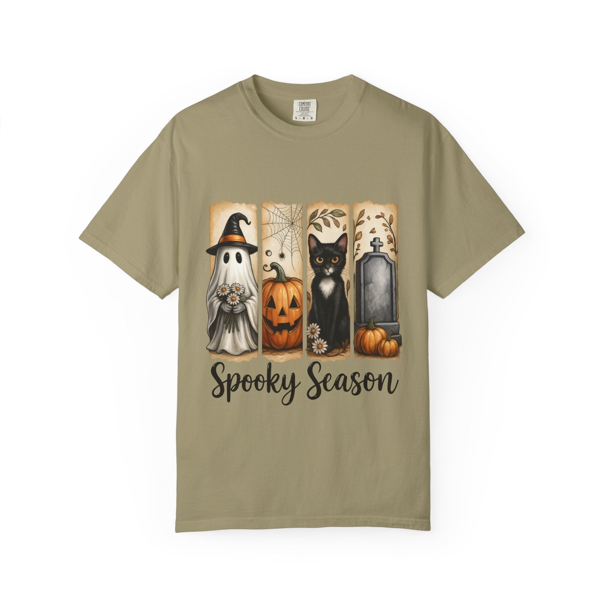 Spooky Season Halloween Unisex T-Shirt – Ghost, Cat & Pumpkin Design - Gallory Hive