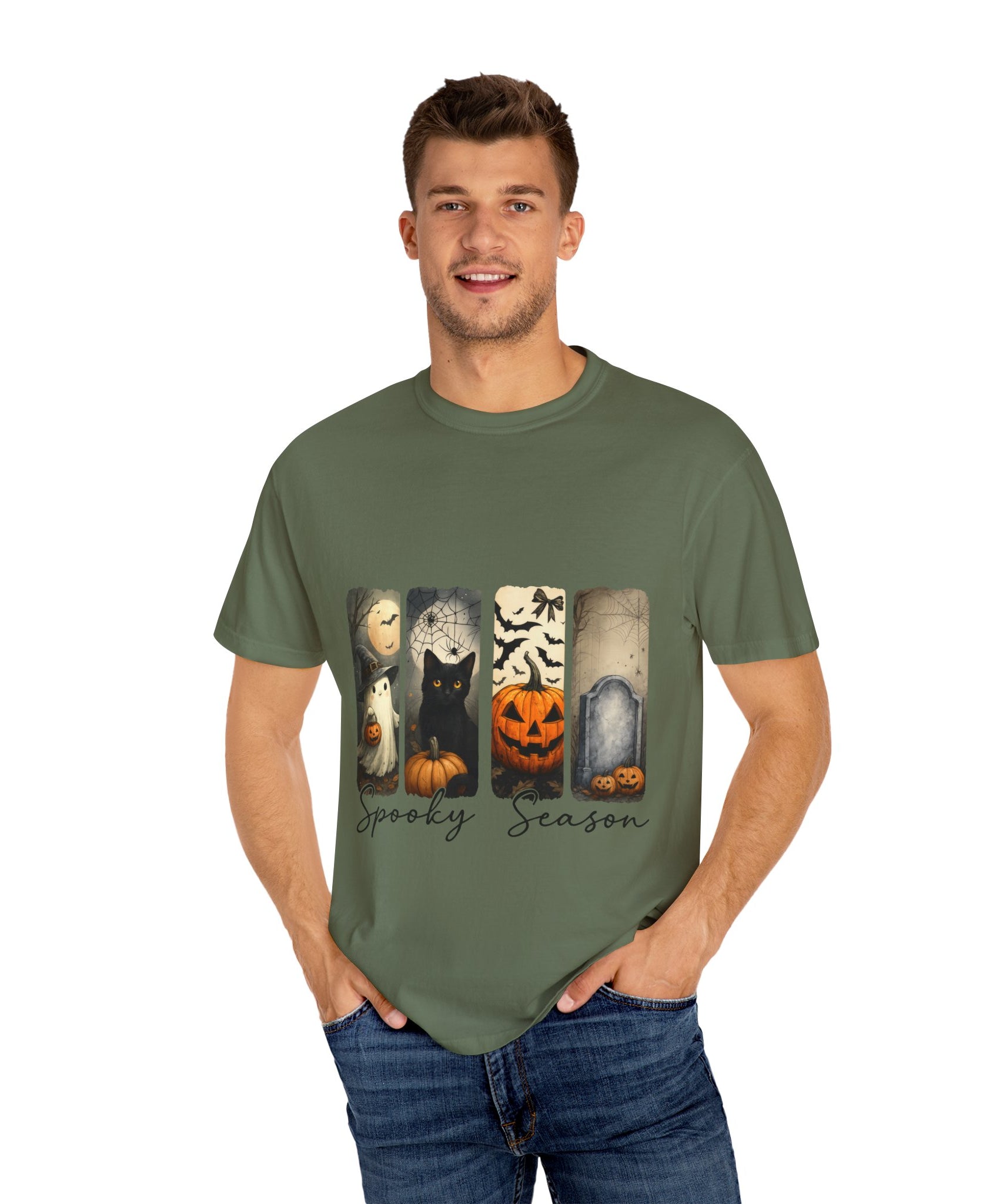 Halloween Night Unisex T-Shirt – Ghost, Black Cat, Pumpkin & Tombstone Vintage Art - Gallory Hive