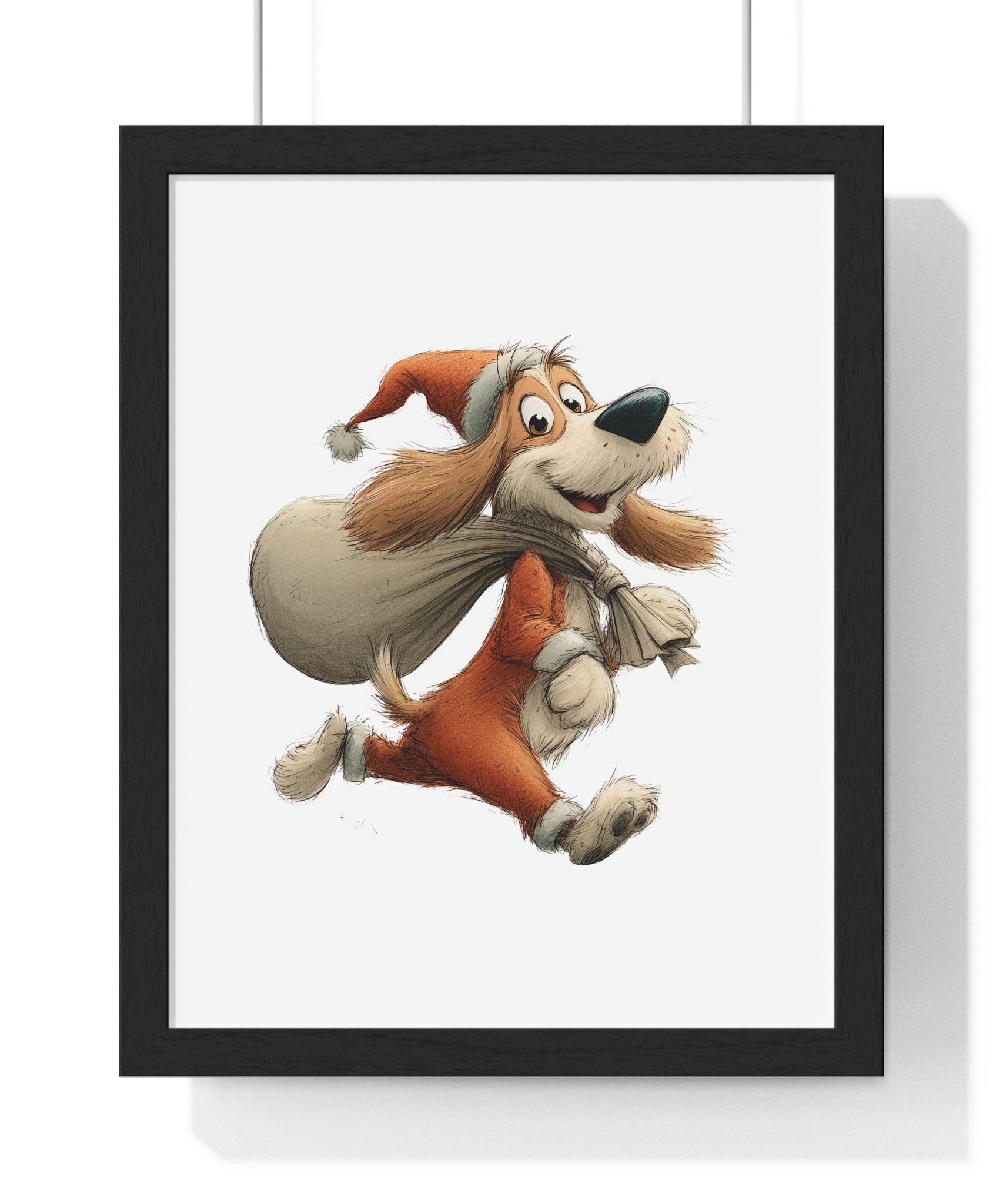 Santa Pup with Gift Sack – Wooden Wall Frame Christmas Decor