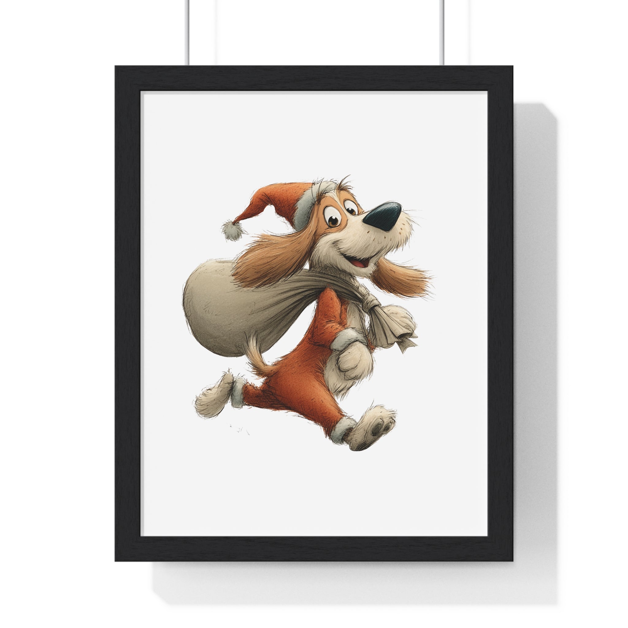 Santa Pup with Gift Sack – Wooden Wall Frame Christmas Decor