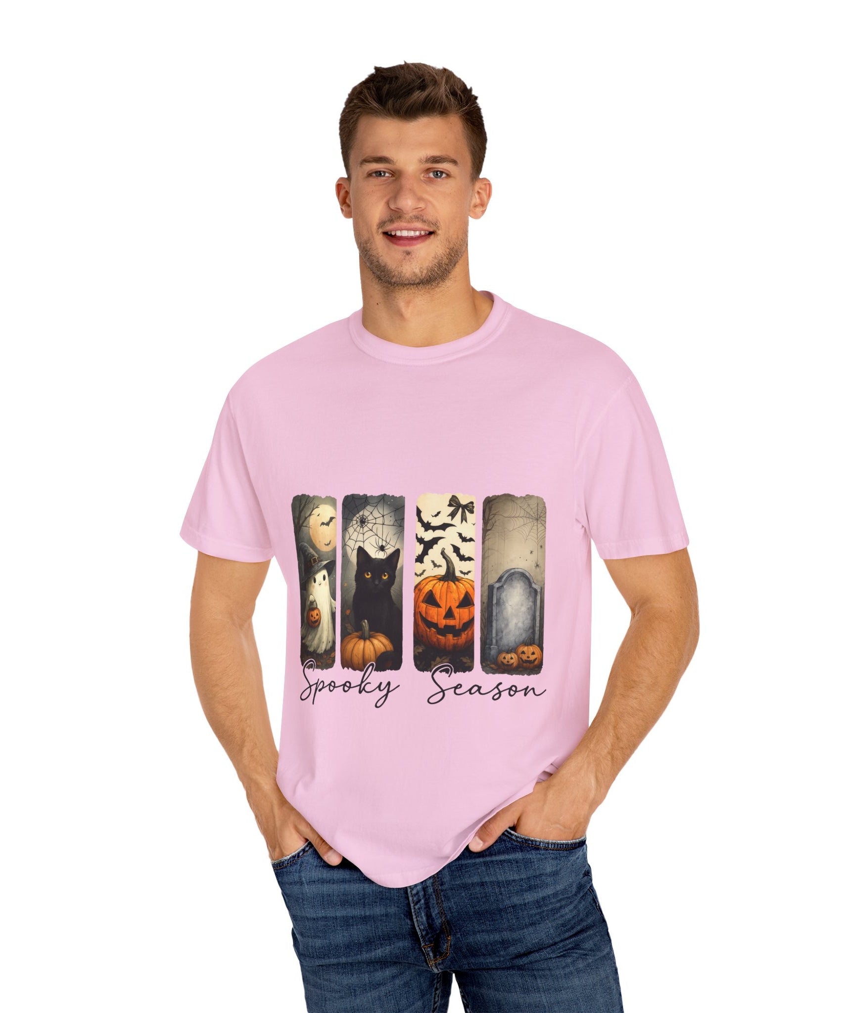 Halloween Night Unisex T-Shirt – Ghost, Black Cat, Pumpkin & Tombstone Vintage Art - Gallory Hive
