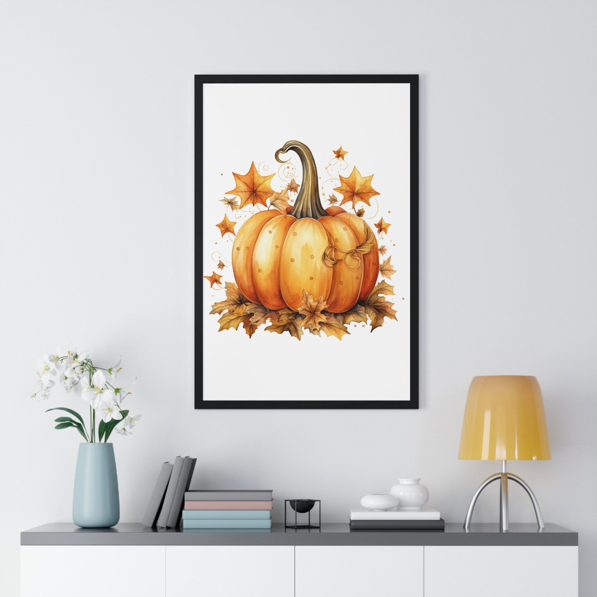 Decorative Autumn Pumpkin Wall Art – Bow-Tied Harvest Poster with Leaves & Swirls | Wooden Frame Fall Decor