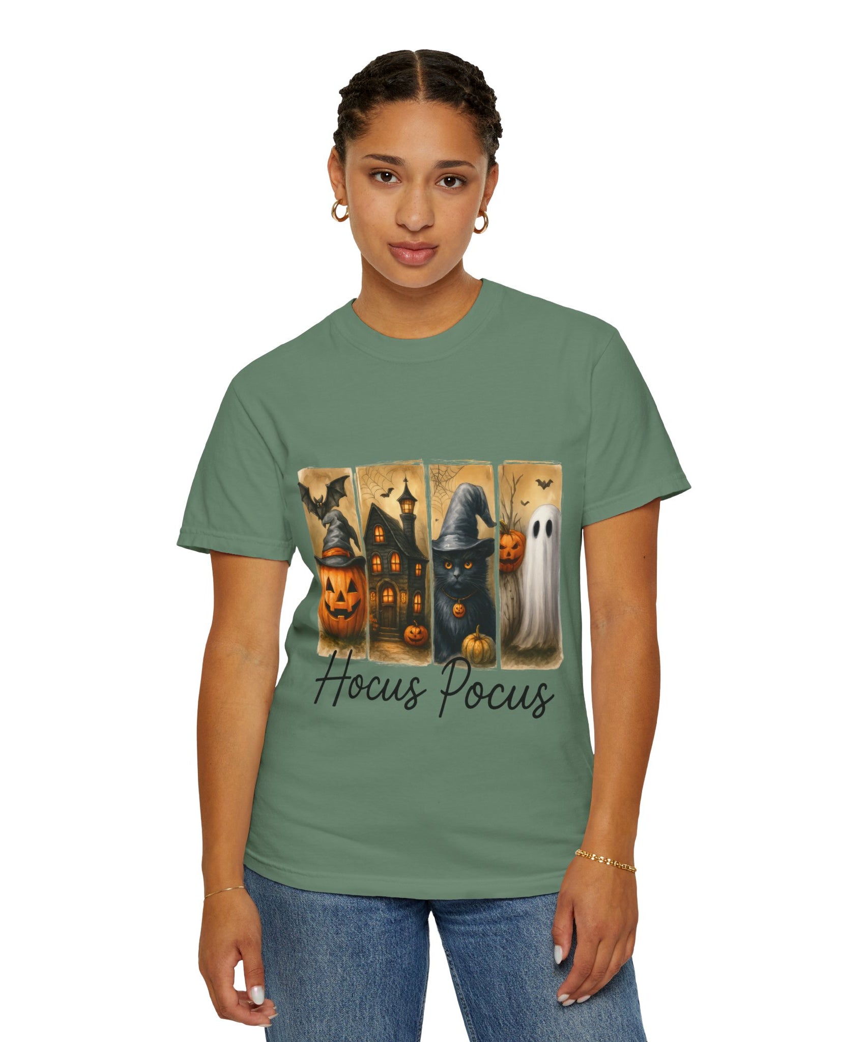 Hocus Pocus Halloween Unisex T-Shirt – Witchy Cat, Haunted House, Pumpkin & Ghost Art - Gallory Hive