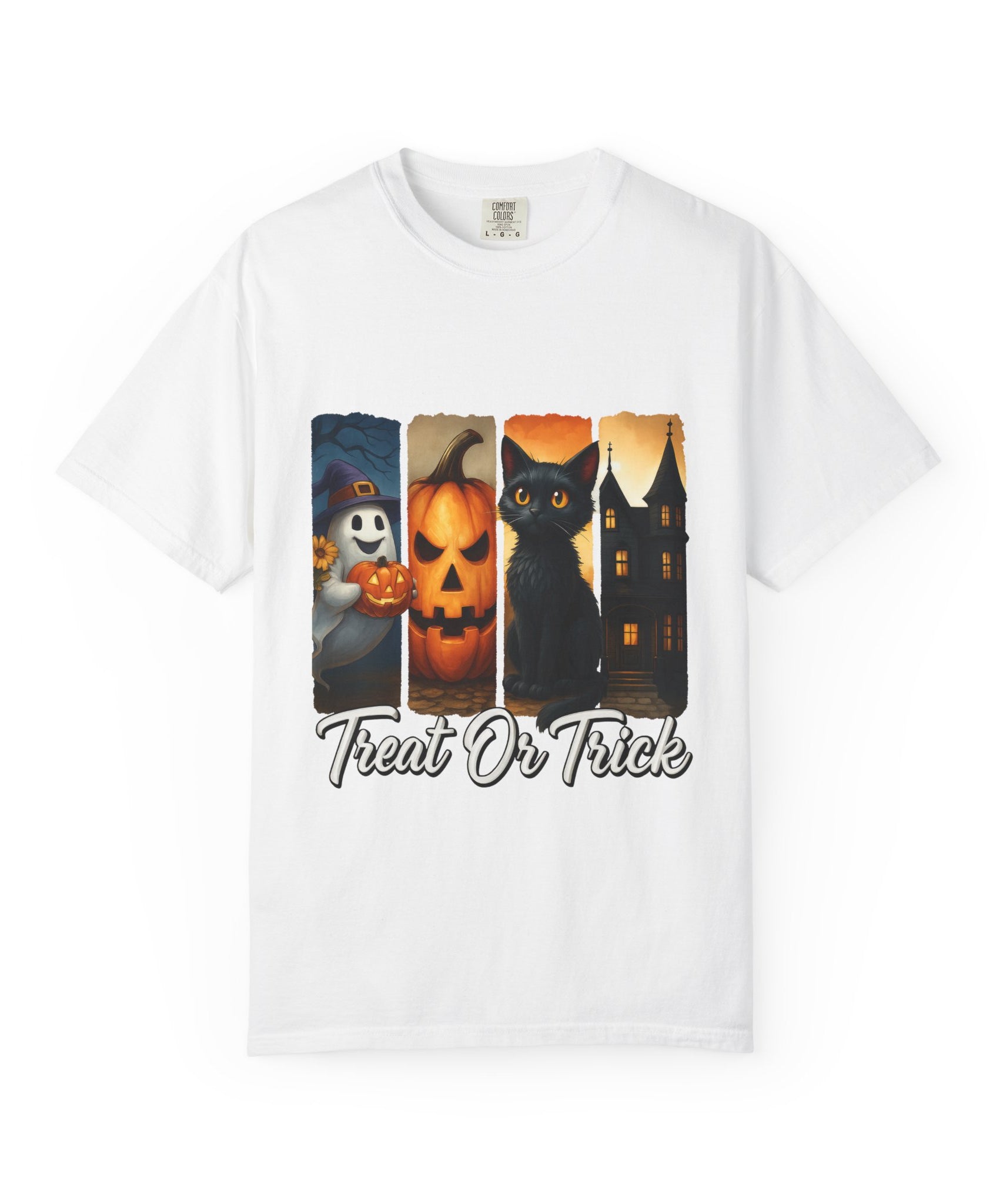 Treat Or Trick Halloween T-Shirt – Cute Ghost, Pumpkin, Black Cat & Haunted House Design