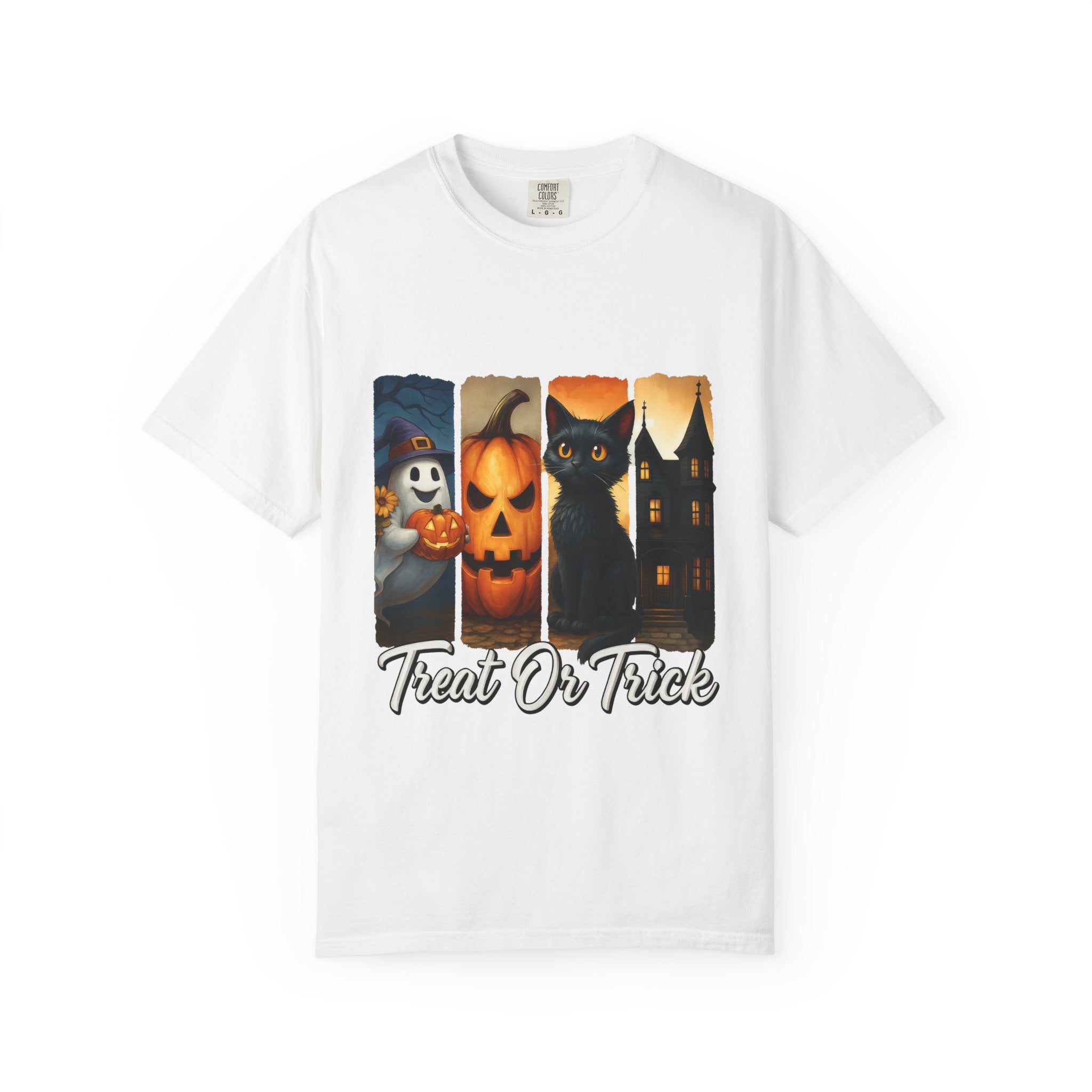 Treat Or Trick Halloween T-Shirt – Cute Ghost, Pumpkin, Black Cat & Haunted House Design