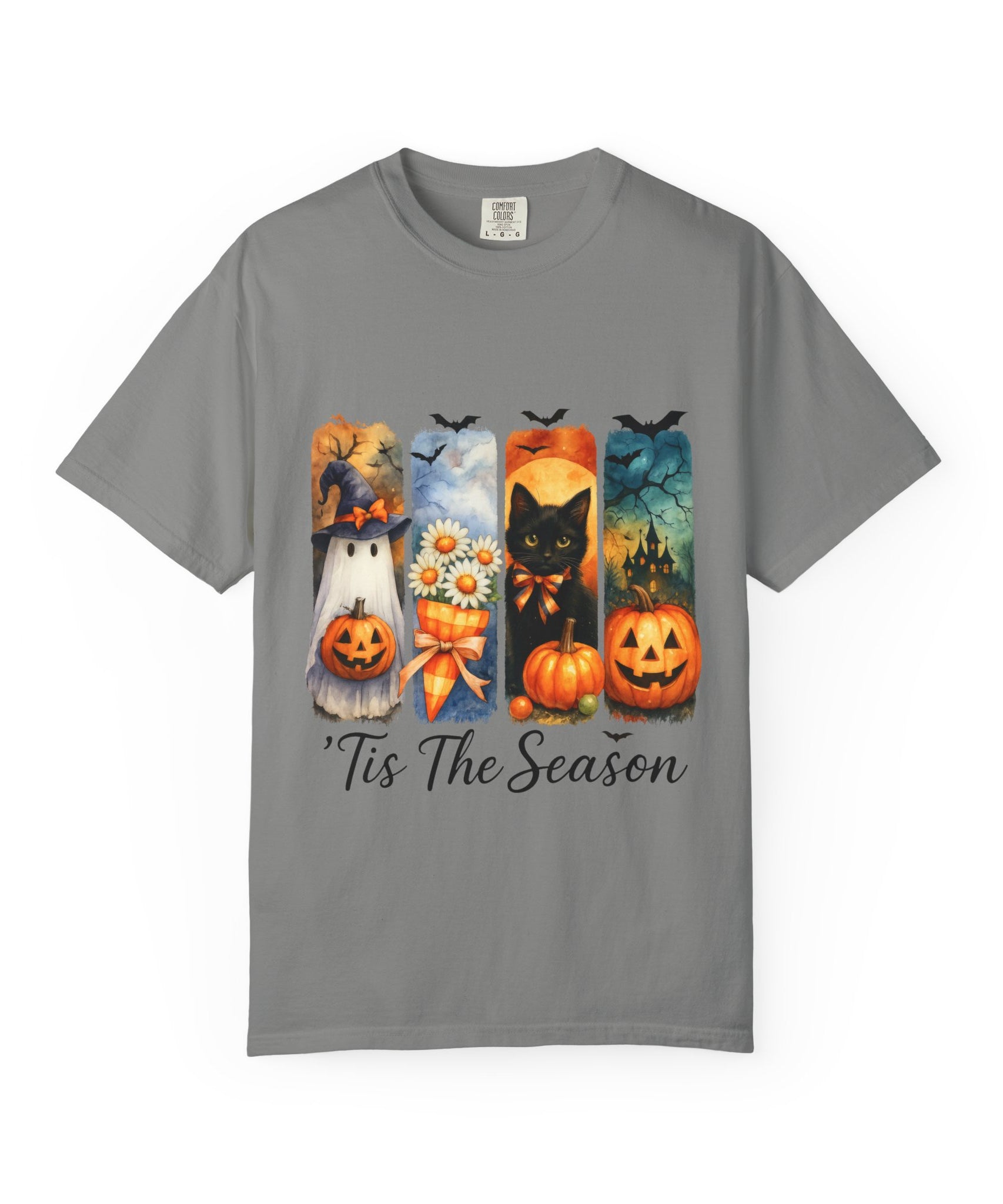 Whimsical Halloween T-Shirt – Ghost, Black Cat, Pumpkins & Haunted House Design - Gallory Hive