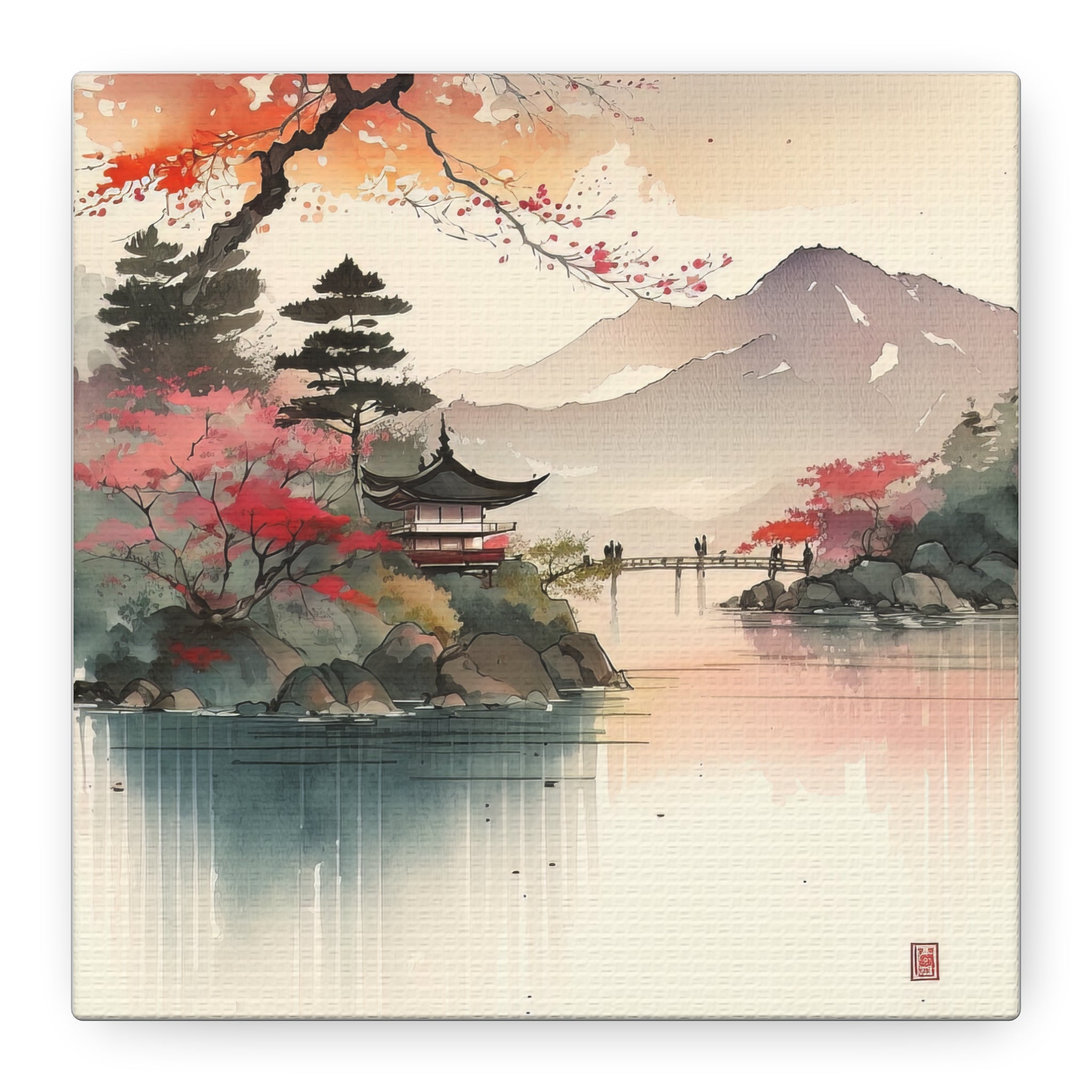 Tranquil Japanese Lake Scene – Watercolor Wall Art with Temple, Bridge & Mountains, Floral Canvas Print, Asian-Inspired Home Decor