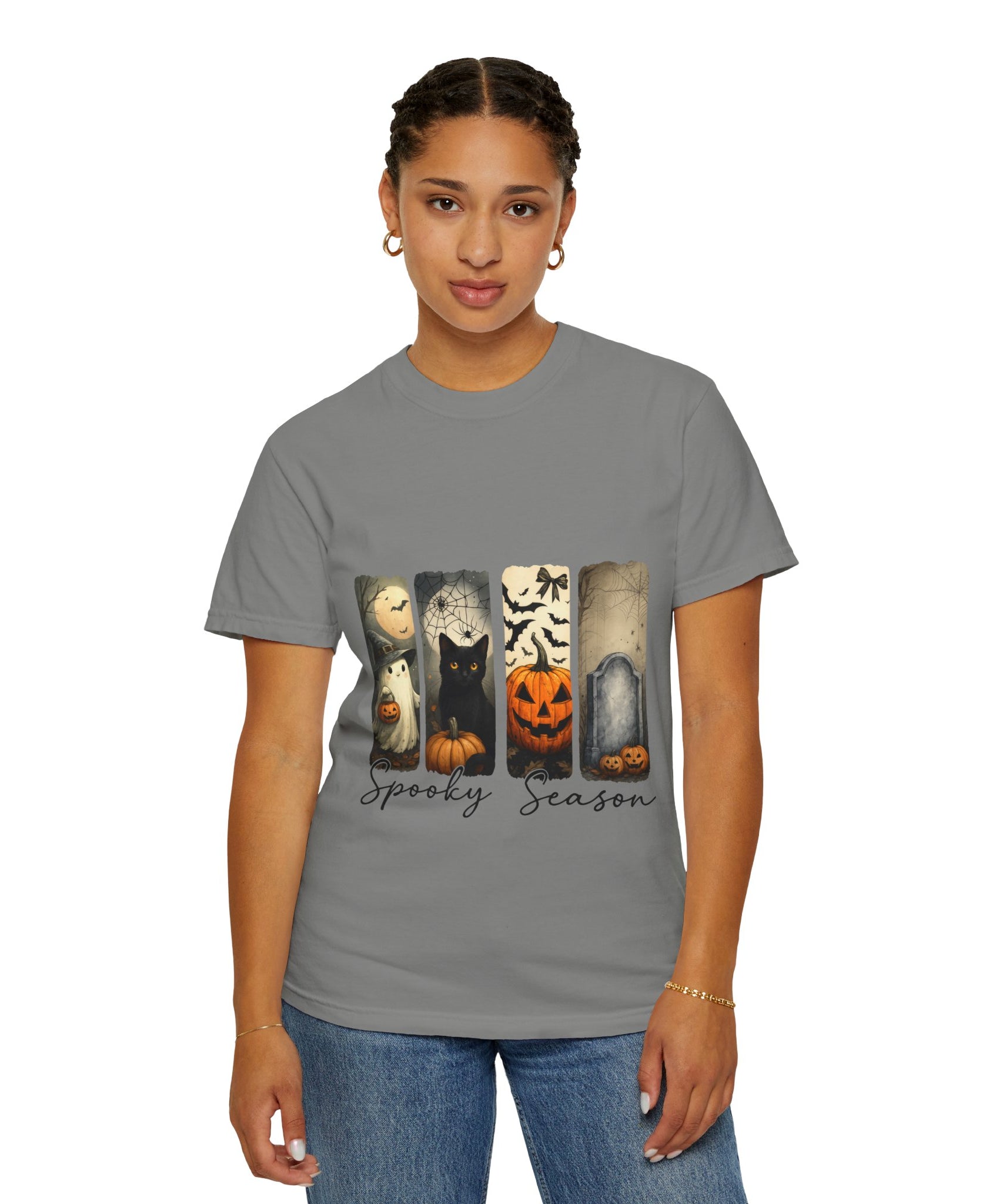 Halloween Night Unisex T-Shirt – Ghost, Black Cat, Pumpkin & Tombstone Vintage Art - Gallory Hive