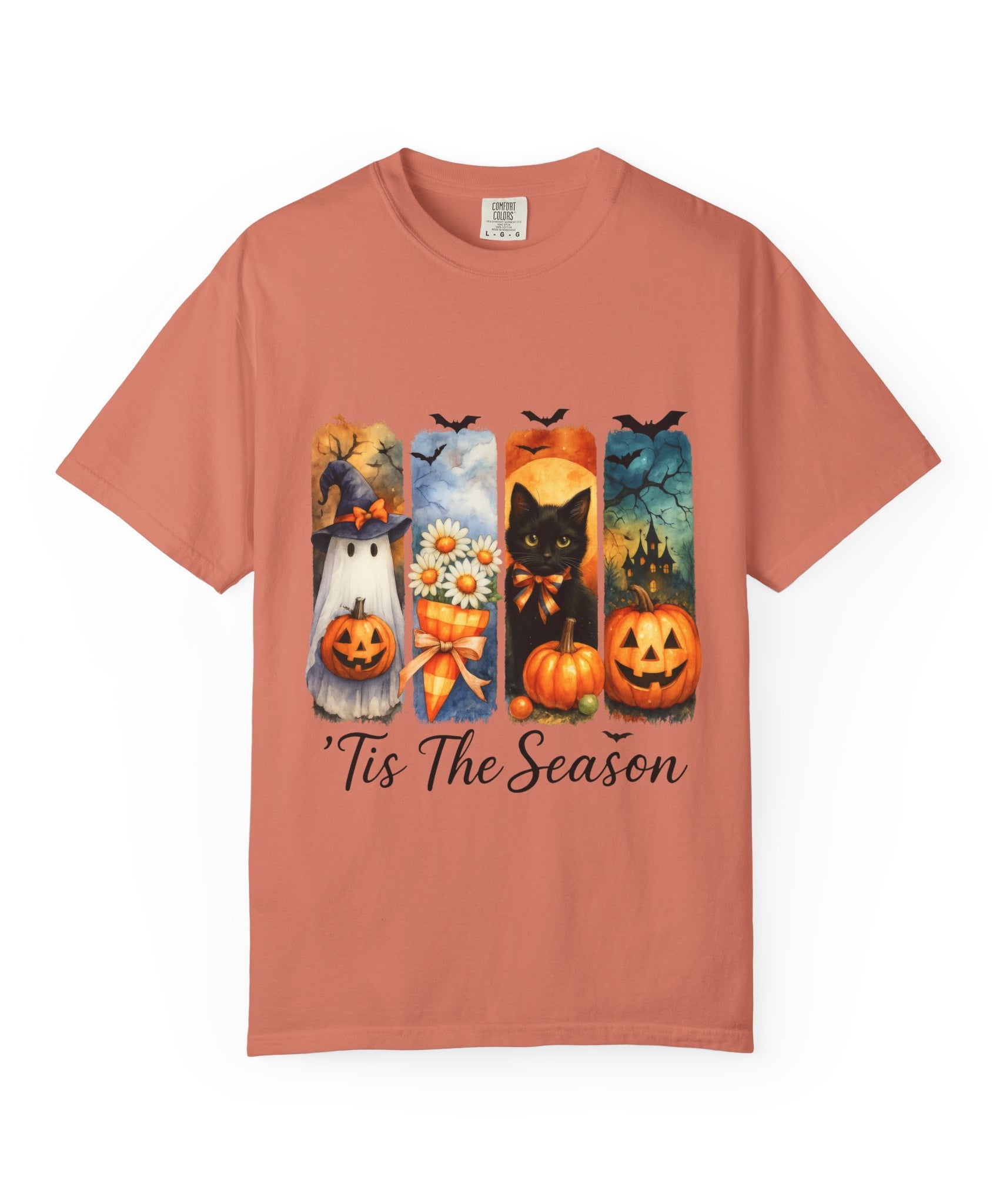 Whimsical Halloween T-Shirt – Ghost, Black Cat, Pumpkins & Haunted House Design - Gallory Hive