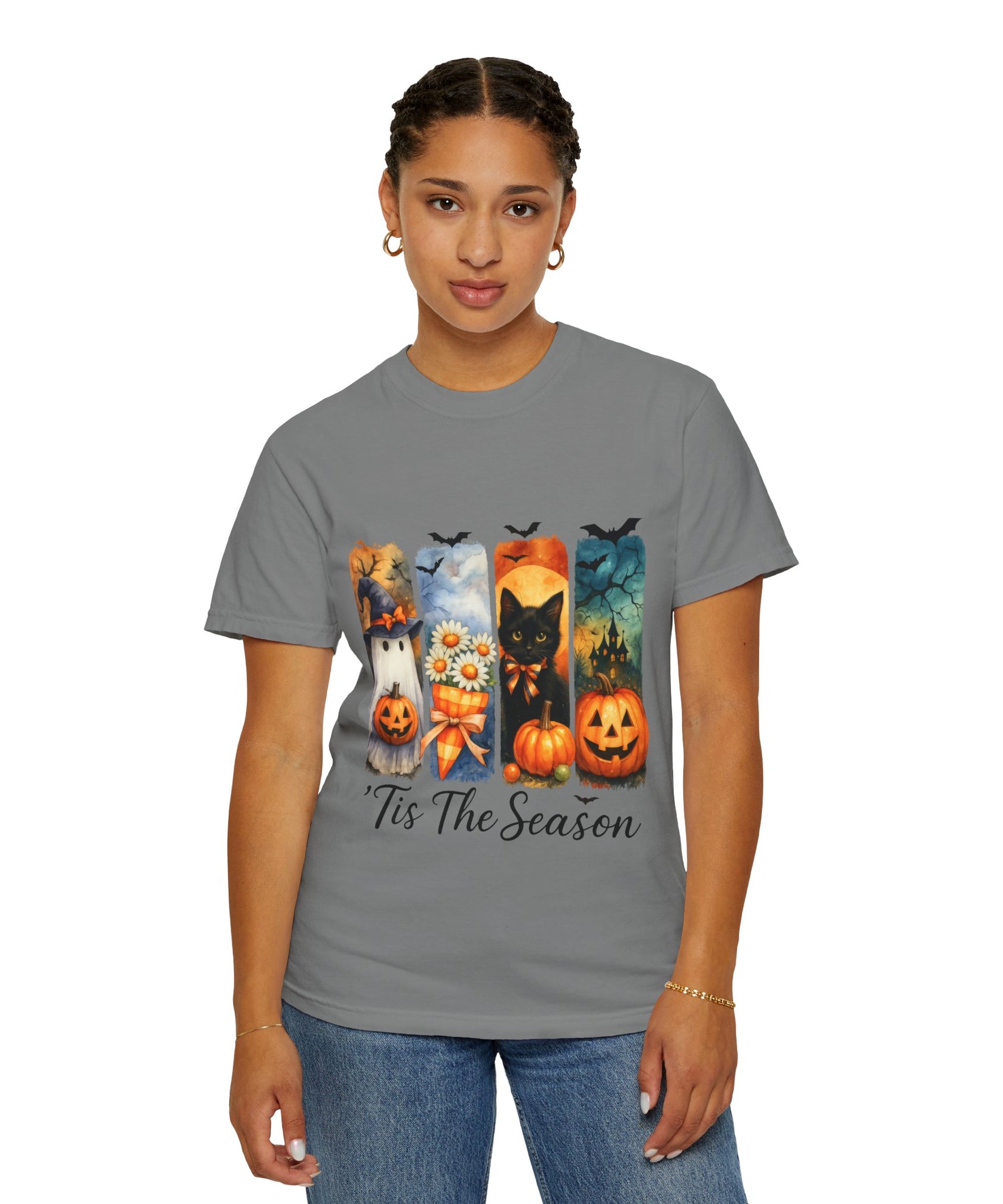 Whimsical Halloween T-Shirt – Ghost, Black Cat, Pumpkins & Haunted House Design - Gallory Hive