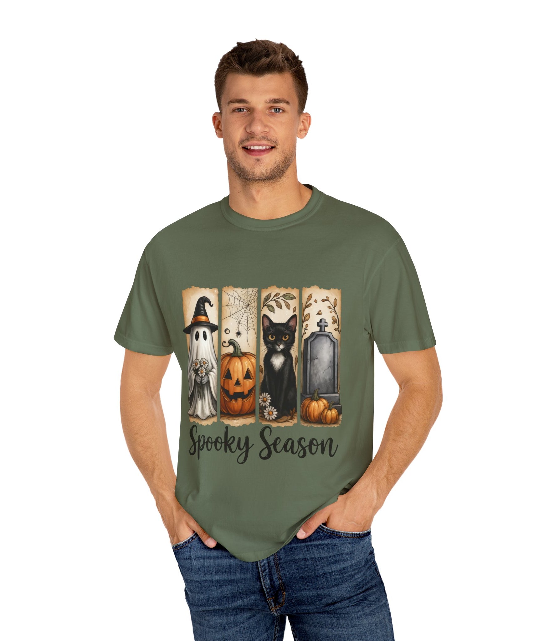 Spooky Season Halloween Unisex T-Shirt – Ghost, Cat & Pumpkin Design - Gallory Hive