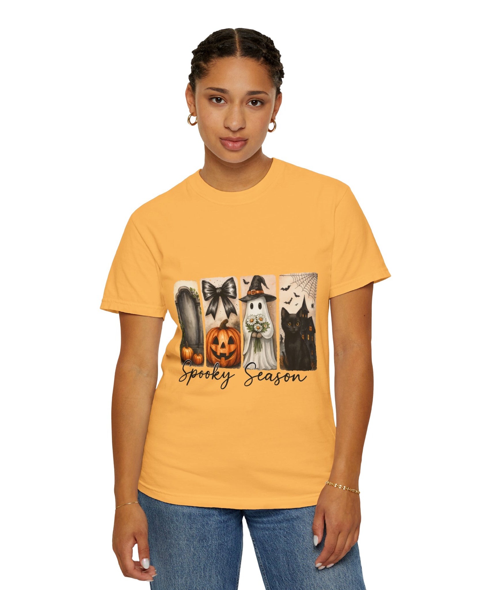 Spooky Season Unisex Halloween T-Shirt – Ghost, Black Cat, Pumpkin & Haunted House Art - Gallory Hive