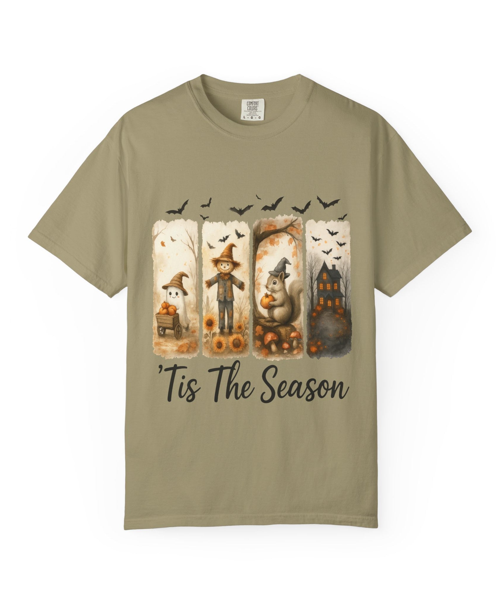 Tis The Season Fall Halloween T-Shirt – Cute Ghost, Scarecrow, Squirrel & Haunted House Design - Gallory Hive
