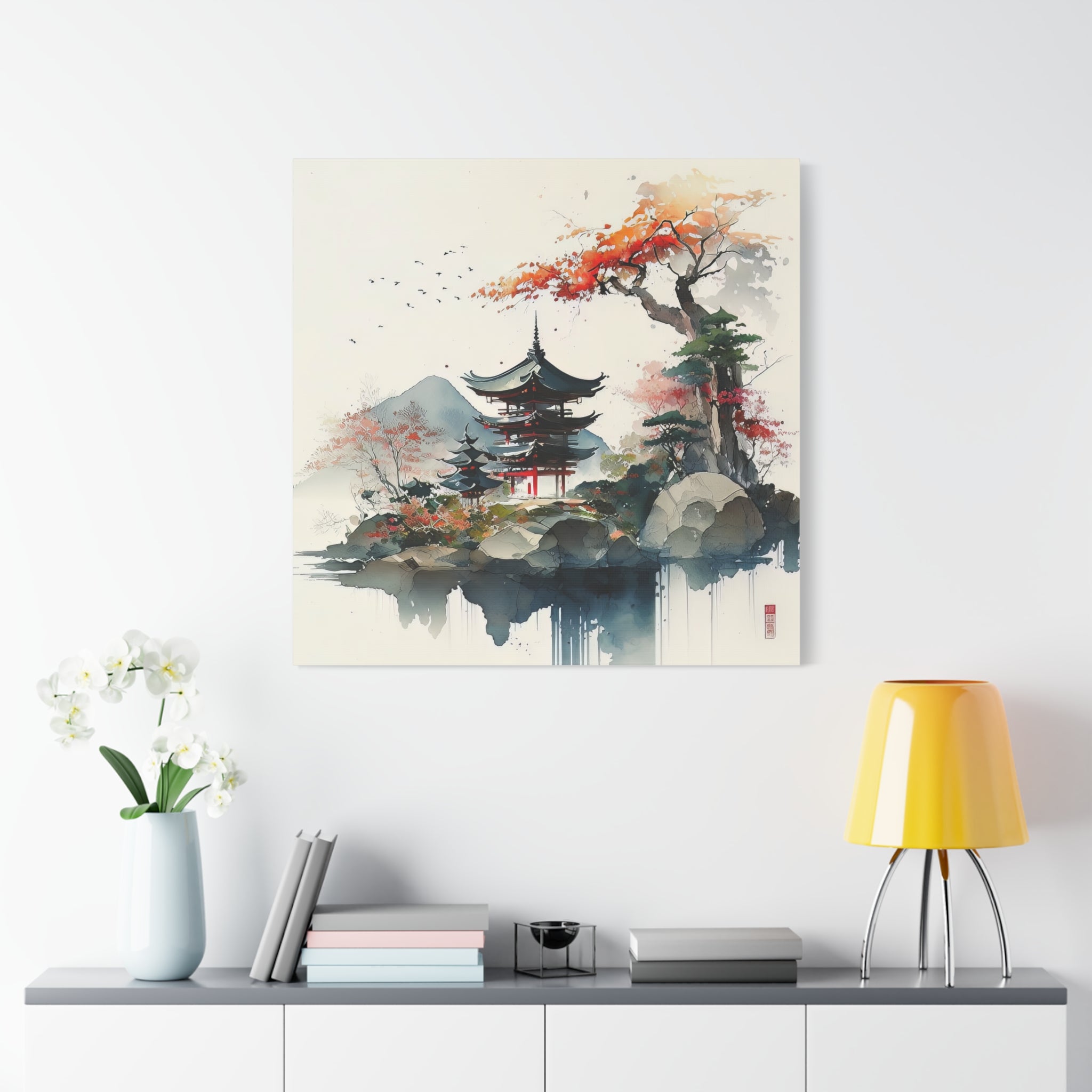 Watercolor Japanese Pagoda Landscape Wall Art Print, Floral Canvas Print, Gift for Nature Lovers, Asian-Inspired Home Decor - Gallory Hive