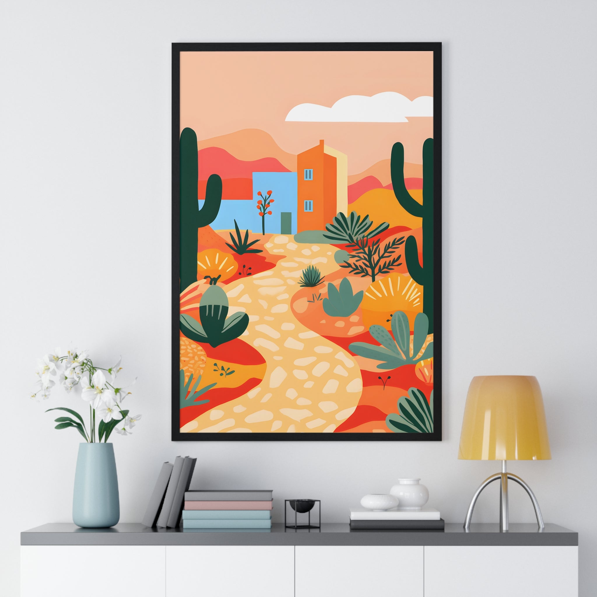 Desert Landscape Art – Premium Wooden Framed Poster with Cactus, Path & Sunset