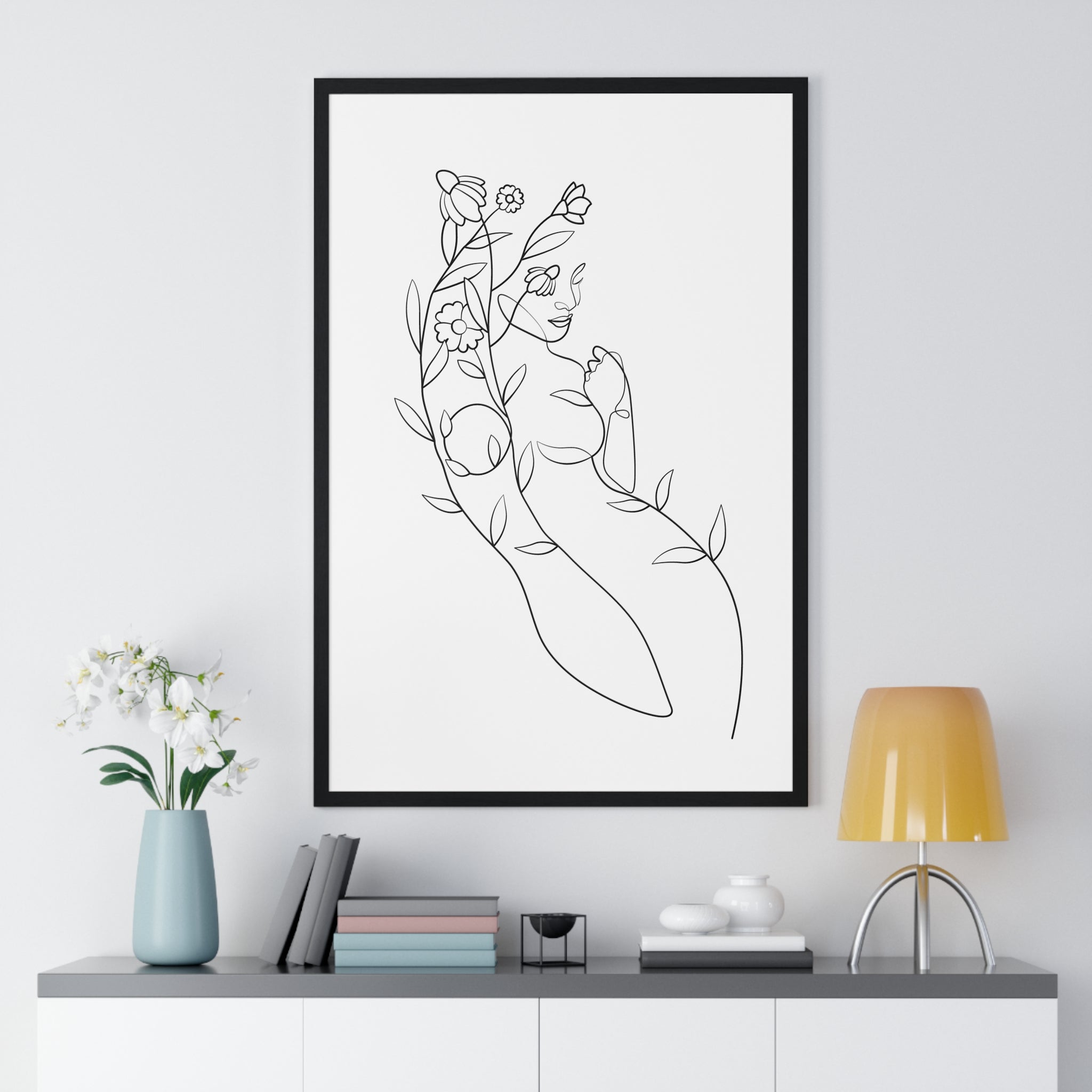 Botanical Woman Line Art – Framed Minimalist Floral Print | Gallory Hive