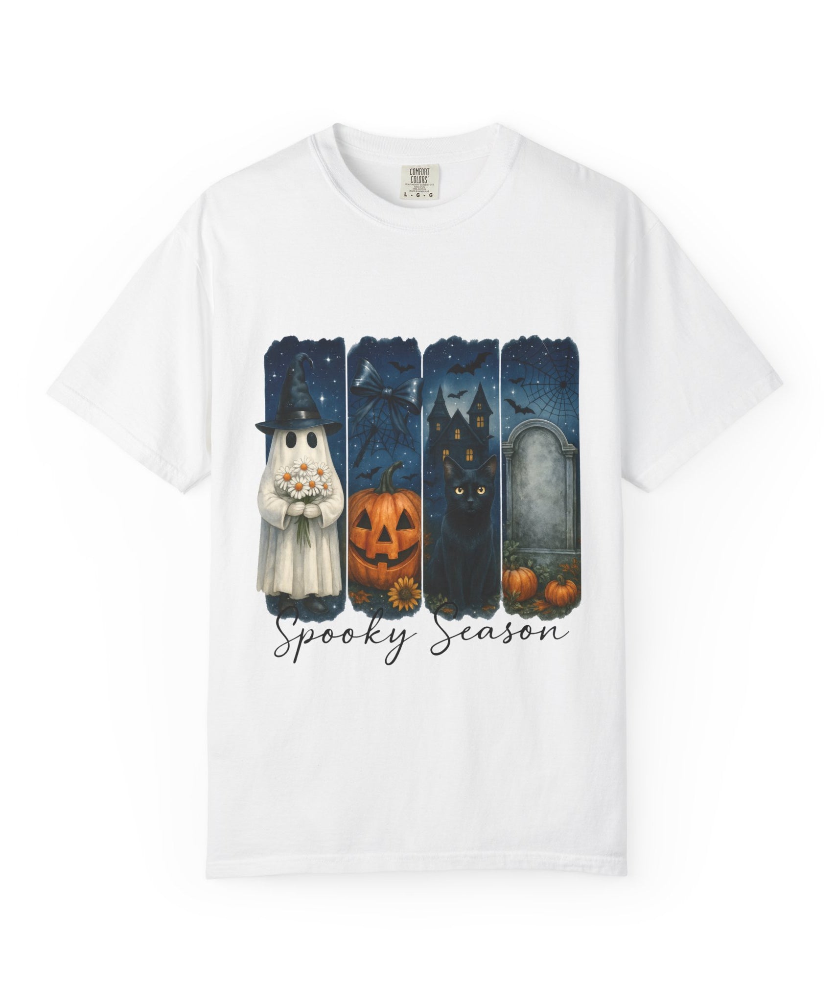 Spooky Season Halloween T-Shirt – Ghost, Black Cat, Pumpkin & Haunted House Design - Gallory Hive
