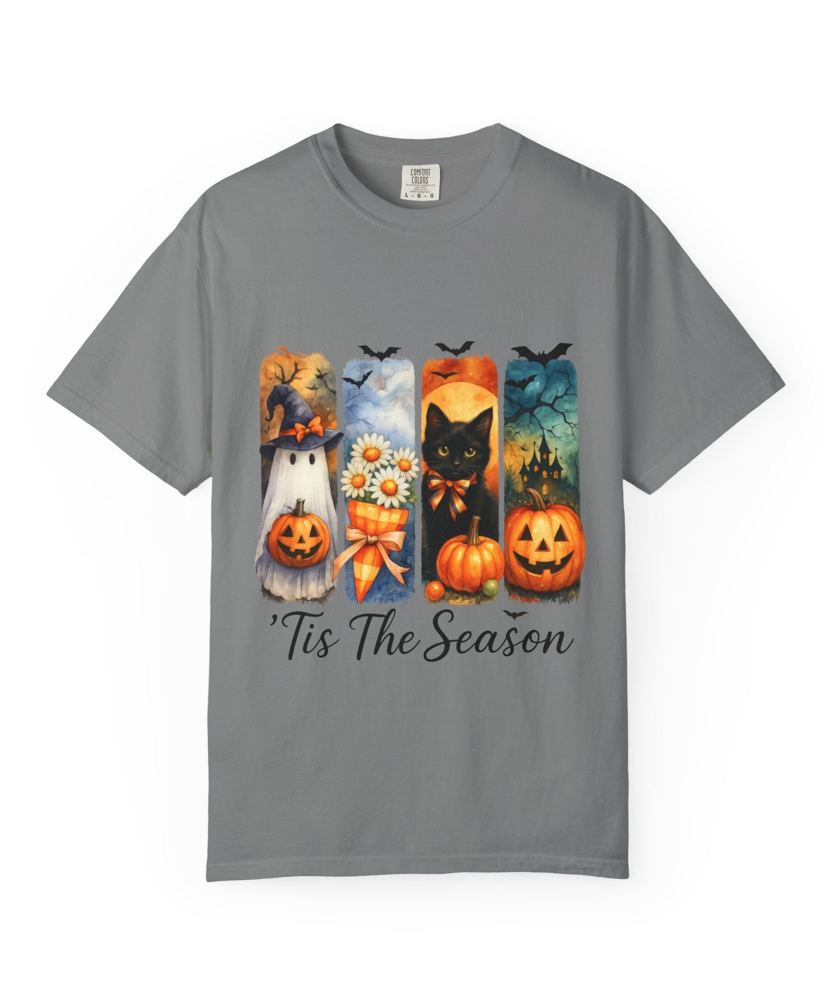 Whimsical Halloween T-Shirt – Ghost, Black Cat, Pumpkins & Haunted House Design - Gallory Hive