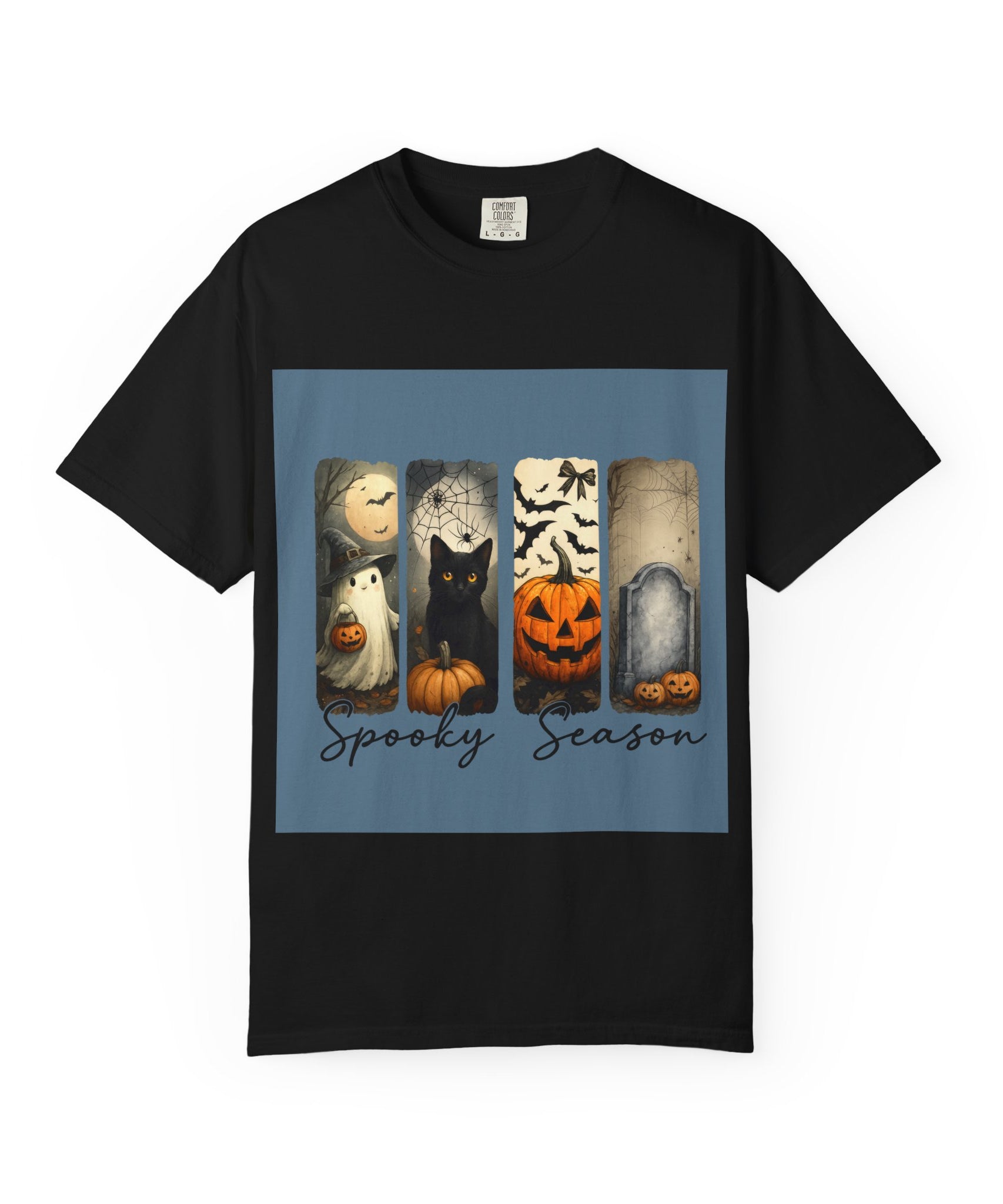 Halloween Night Unisex T-Shirt – Ghost, Black Cat, Pumpkin & Tombstone Vintage Art - Gallory Hive