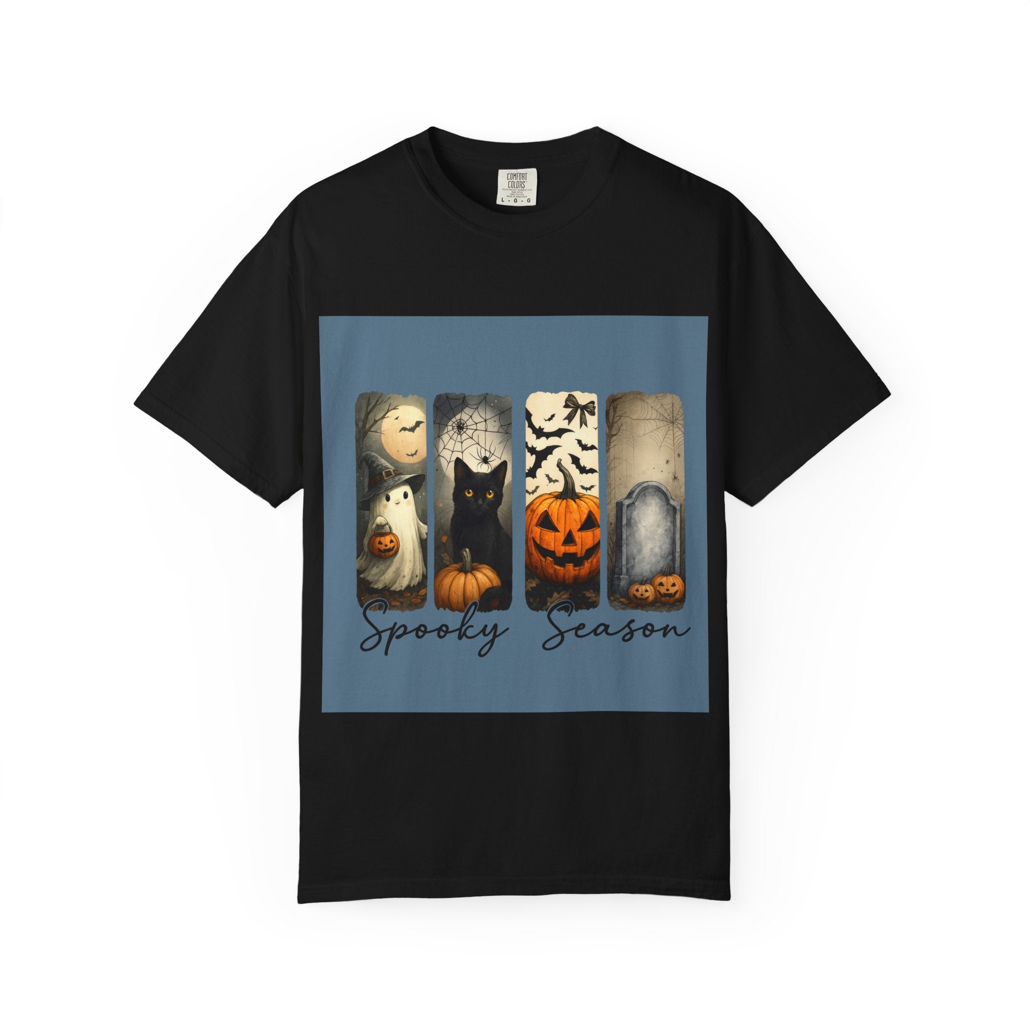 Halloween Night Unisex T-Shirt – Ghost, Black Cat, Pumpkin & Tombstone Vintage Art - Gallory Hive