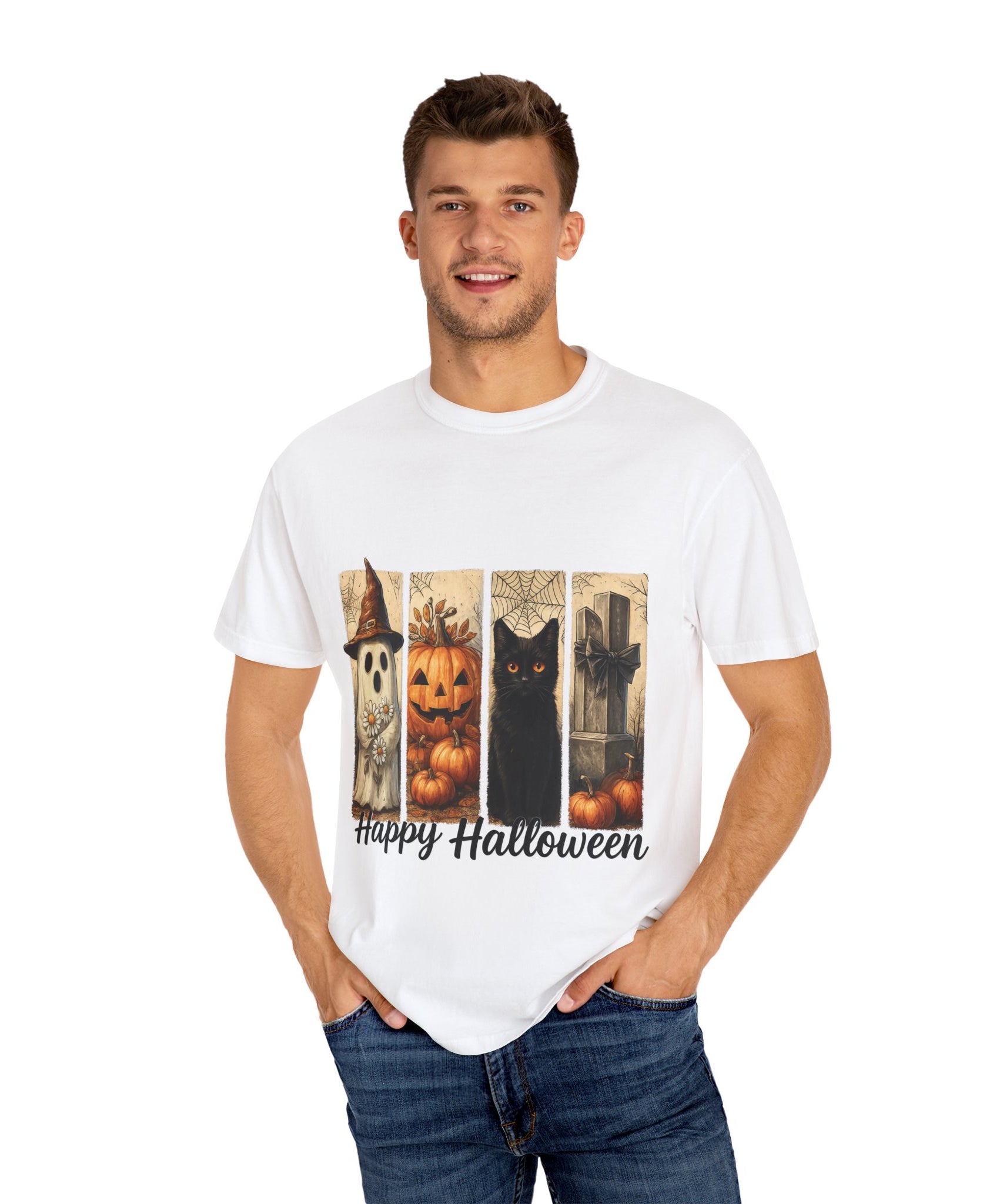 Happy Halloween Unisex T-Shirt – Ghost, Black Cat & Pumpkin Graphic Tee - Gallory Hive