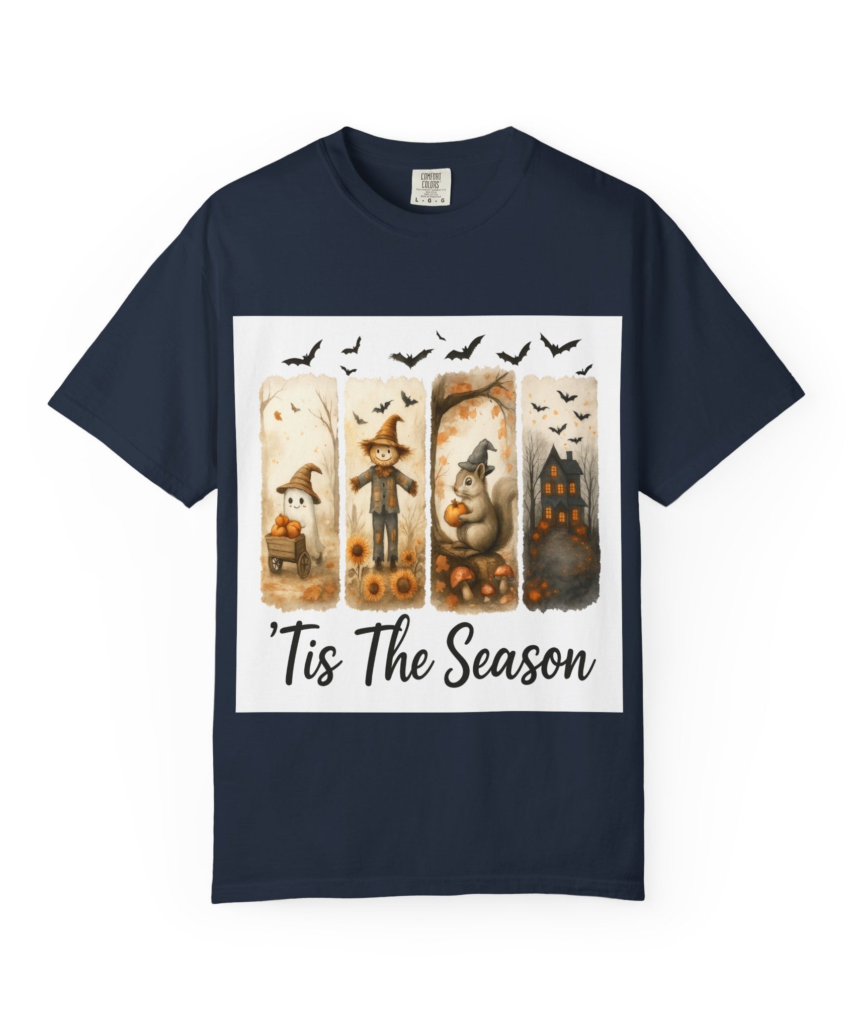 Tis The Season Fall Halloween T-Shirt – Cute Ghost, Scarecrow, Squirrel & Haunted House Design - Gallory Hive