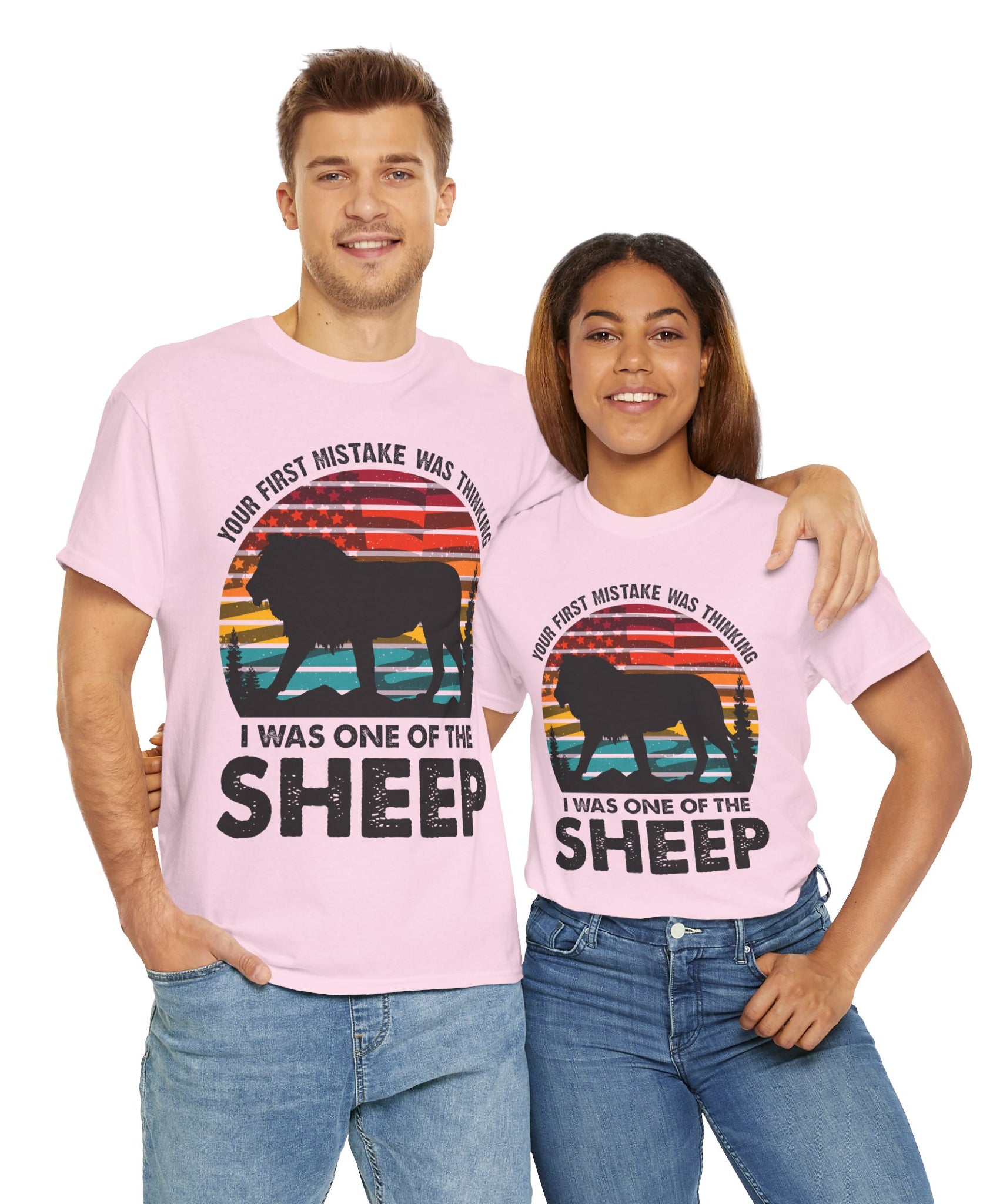 Bold Lion Tee with USA Flag Sunset