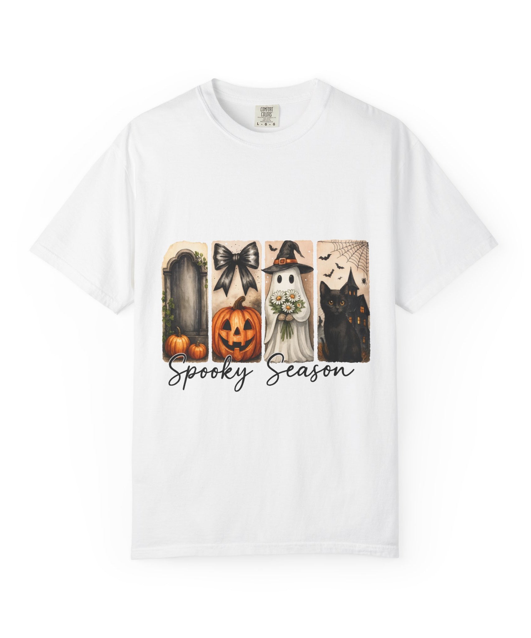 Spooky Season Unisex Halloween T-Shirt – Ghost, Black Cat, Pumpkin & Haunted House Art - Gallory Hive