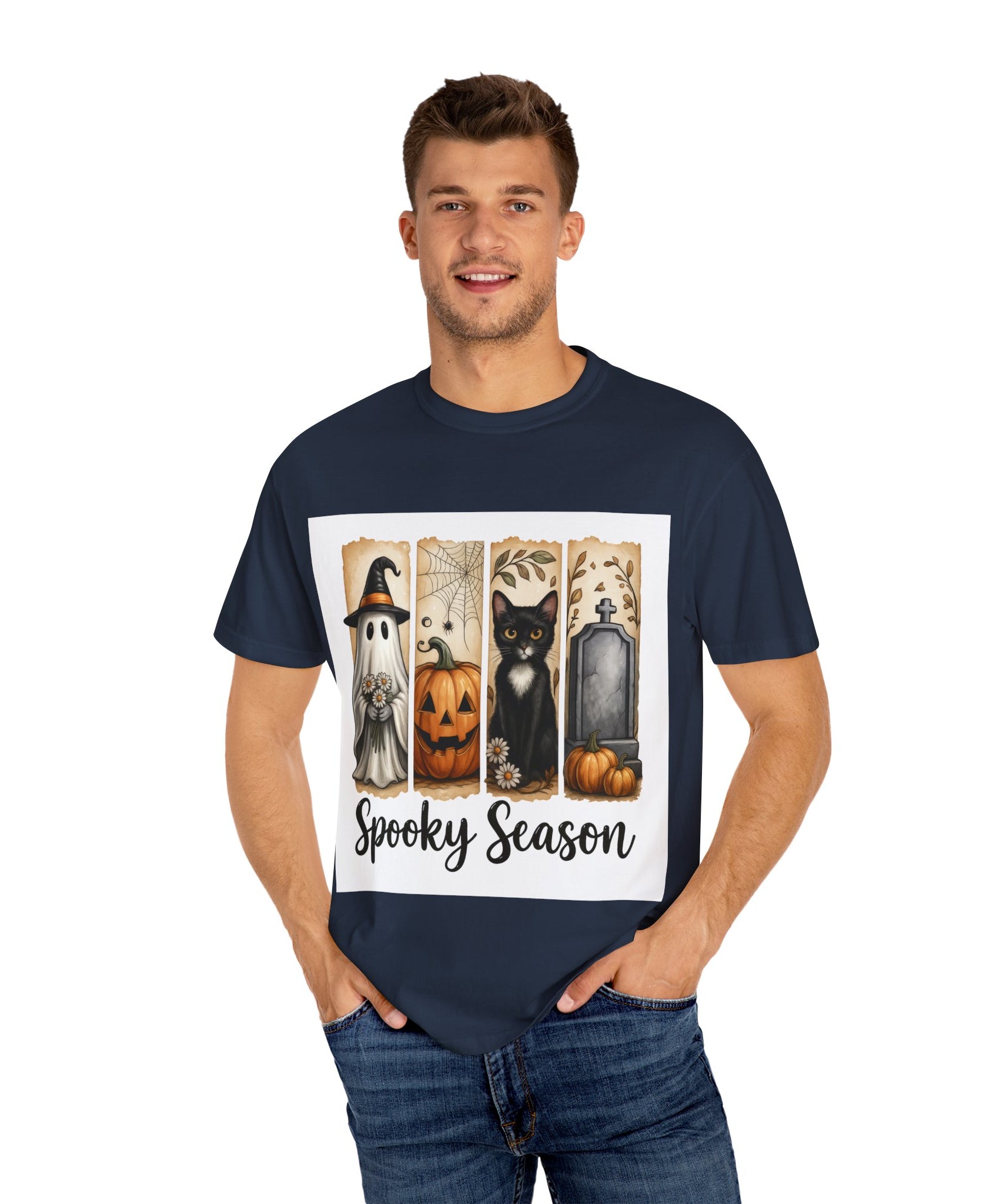 Spooky Season Halloween Unisex T-Shirt – Ghost, Cat & Pumpkin Design - Gallory Hive