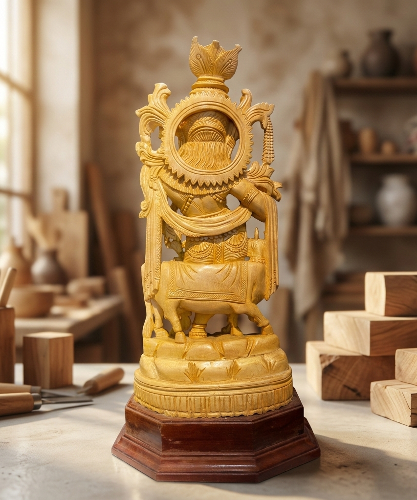 Handmade Standing Krishna with Cow Wooden Sculpture | Gallory Hive