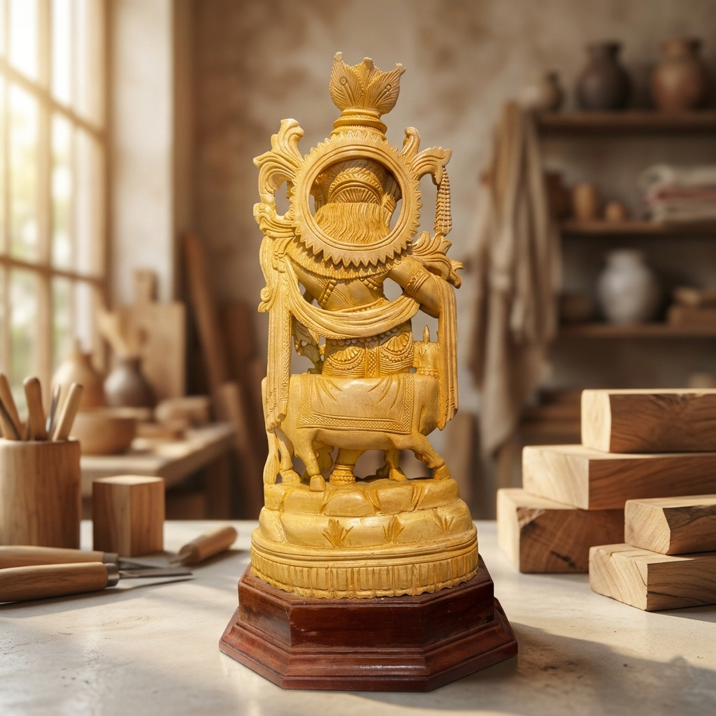 Handmade Standing Krishna with Cow Wooden Sculpture | Gallory Hive