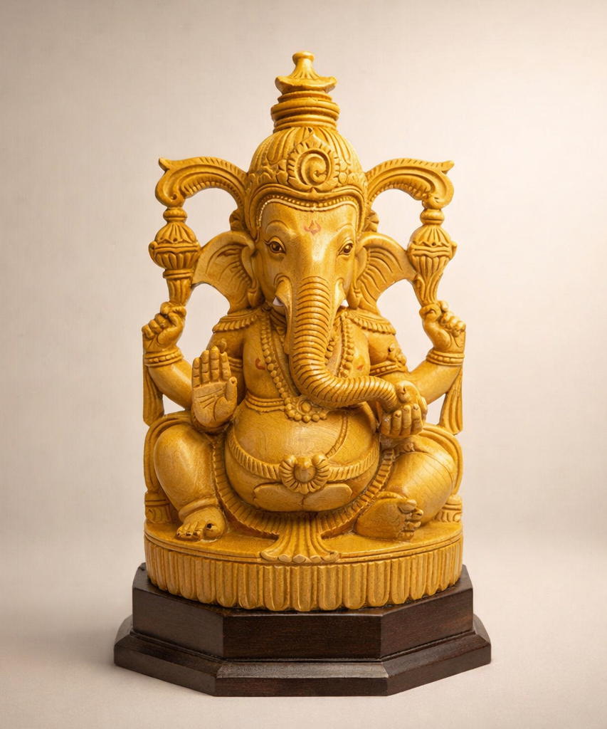 Handmade Sitting Lord Ganesha Wooden Sculpture | Gallory Hive