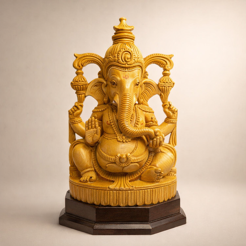 Handmade Sitting Lord Ganesha Wooden Sculpture | Gallory Hive